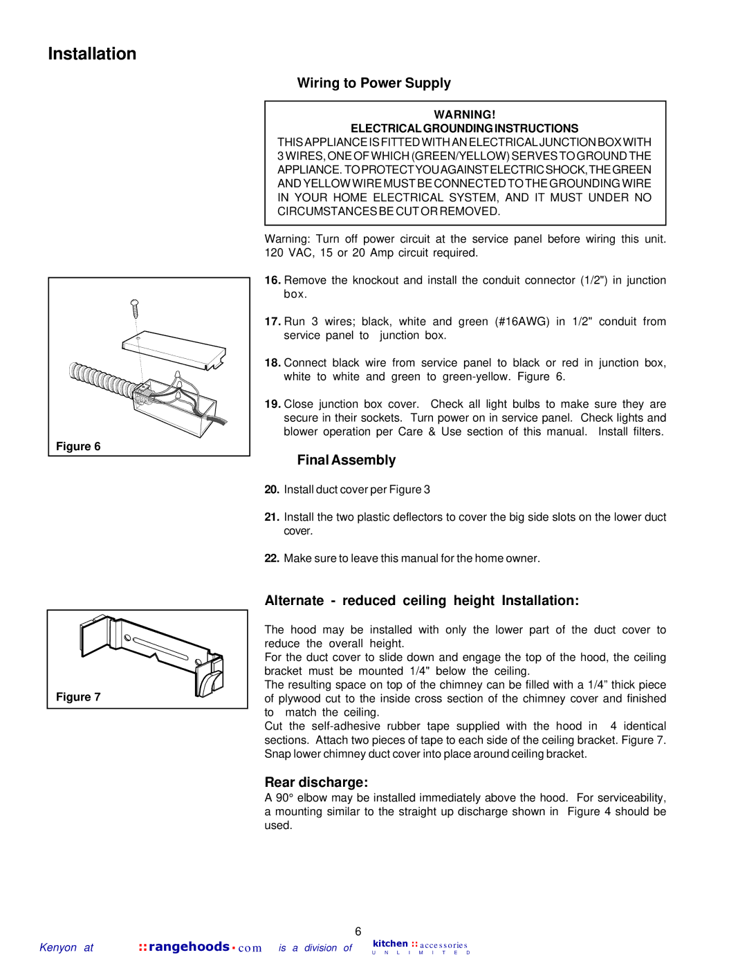 Kenyon B83212 manual Wiring to Power Supply, Final Assembly, Alternate reduced ceiling height Installation, Rear discharge 