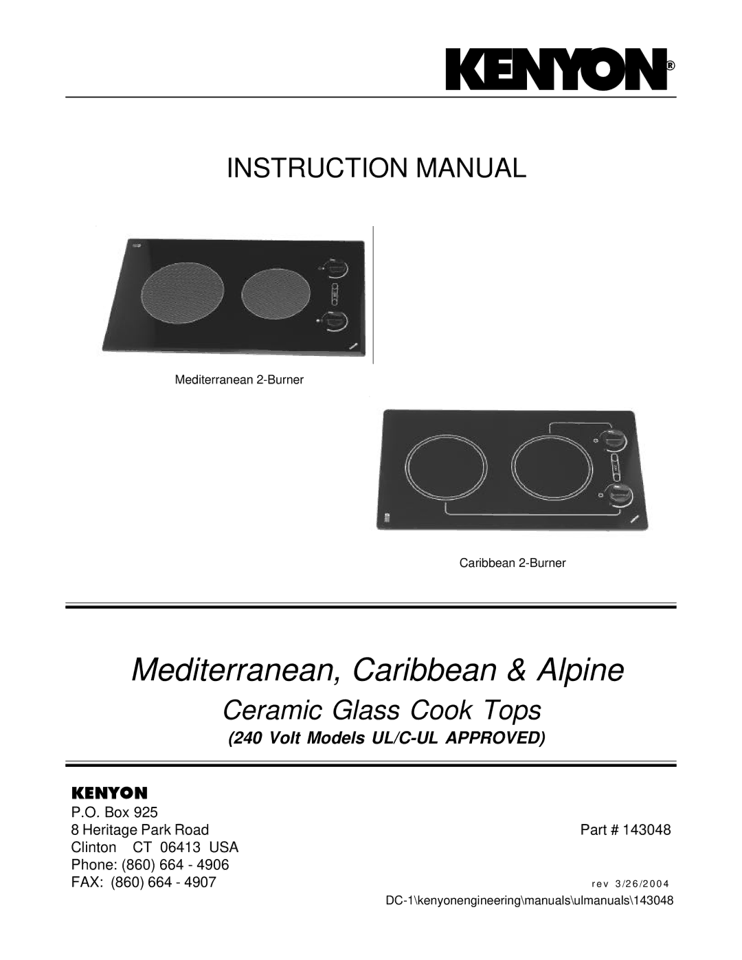 Kenyon UL/C-UL instruction manual Kenyon 