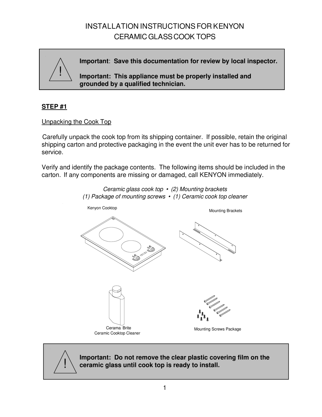 Kenyon UL/C-UL instruction manual Step #1 