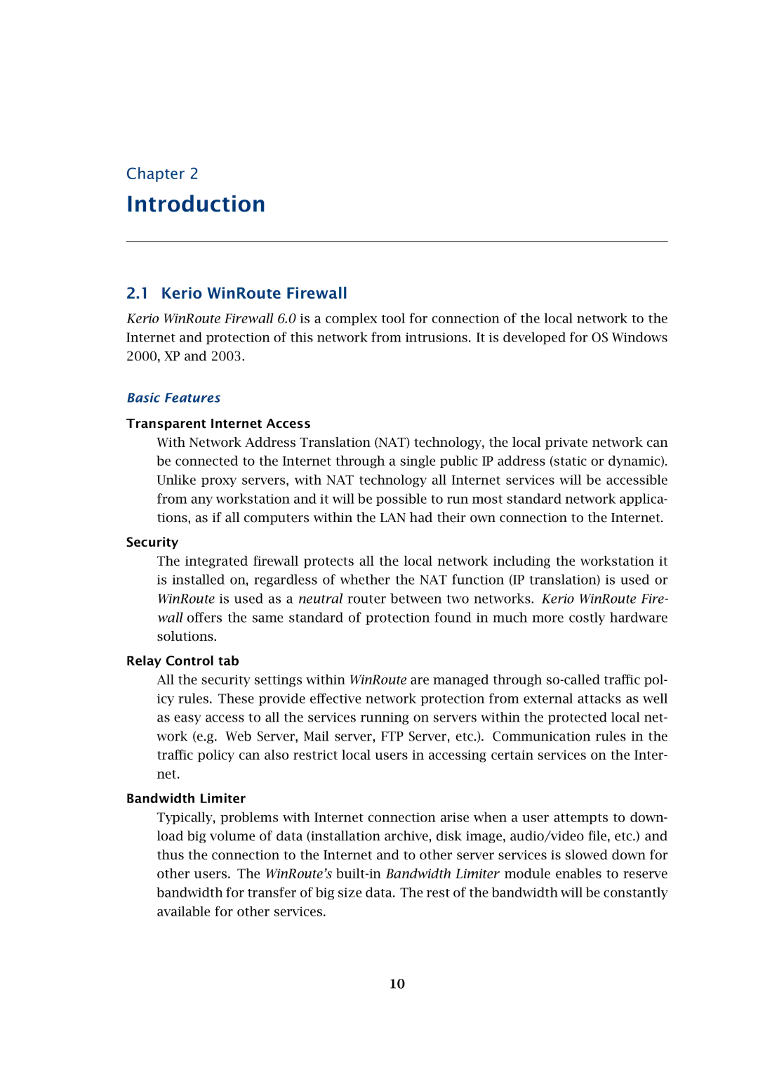 Kerio Tech Firewall6 manual Introduction, Kerio WinRoute Firewall, Basic Features 