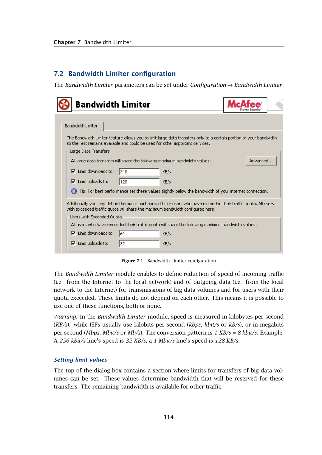 Kerio Tech Firewall6 manual Bandwidth Limiter conﬁguration, Setting limit values, 114 