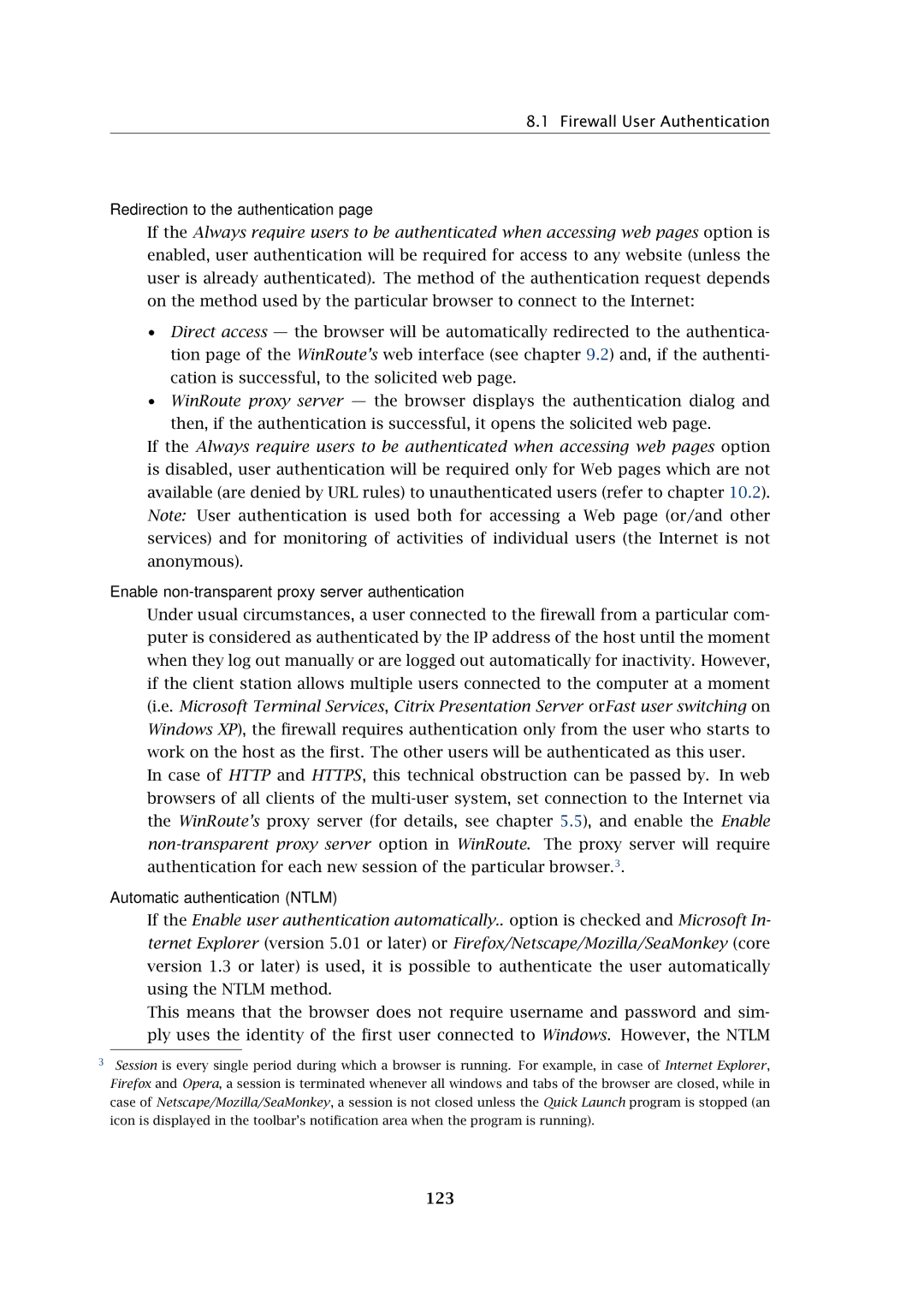 Kerio Tech Firewall6 Firewall User Authentication, Redirection to the authentication, Automatic authentication Ntlm, 123 