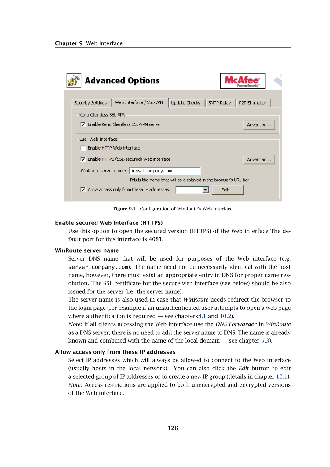 Kerio Tech Firewall6 manual Enable secured Web Interface Https, WinRoute server name, 126 