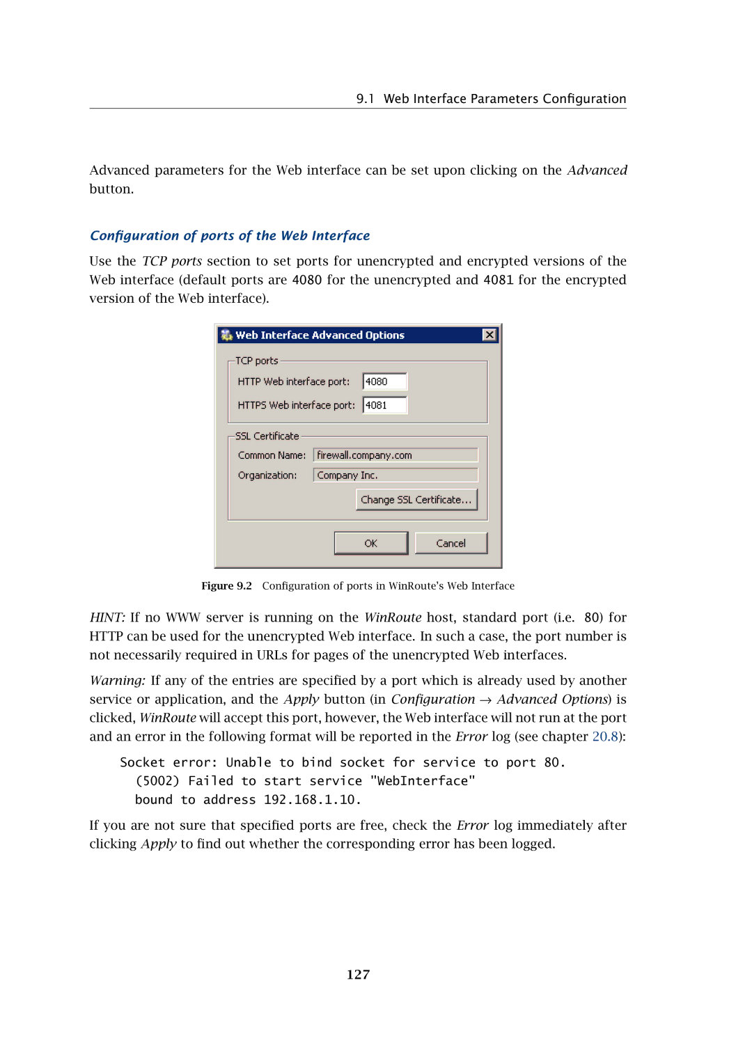 Kerio Tech Firewall6 manual Conﬁguration of ports of the Web Interface, 127 