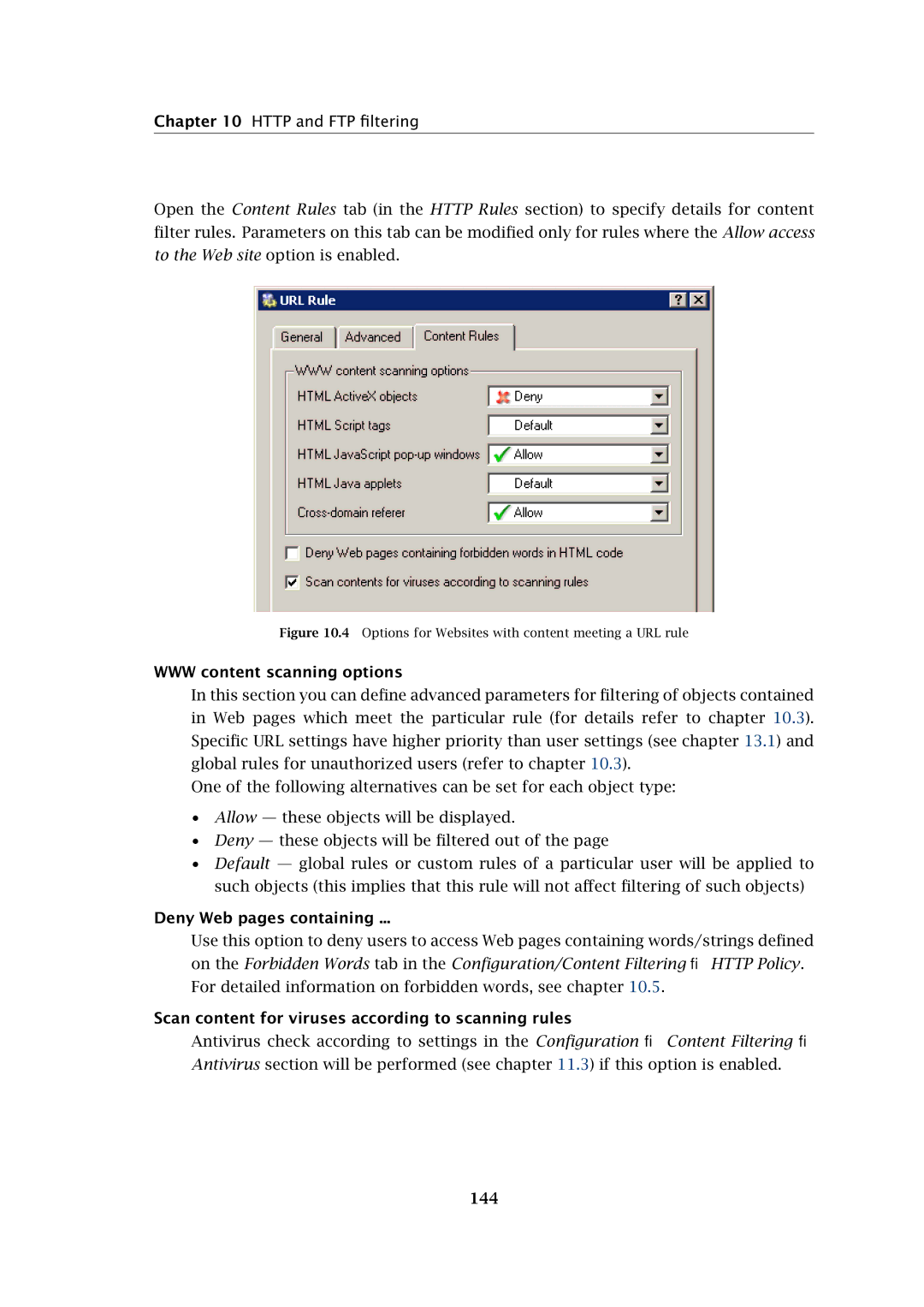 Kerio Tech Firewall6 manual WWW content scanning options, Deny Web pages containing, 144 