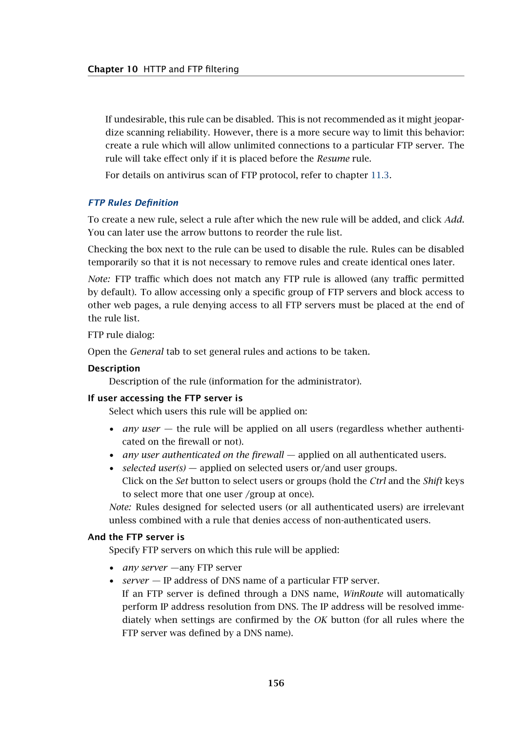 Kerio Tech Firewall6 manual FTP Rules Deﬁnition, If user accessing the FTP server is, 156 