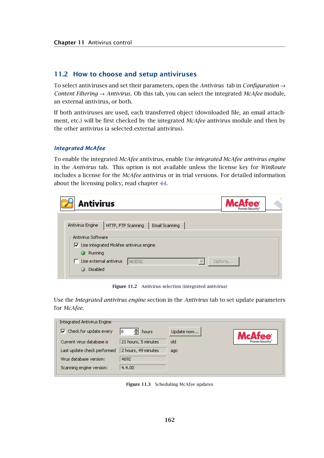 Kerio Tech Firewall6 manual How to choose and setup antiviruses, Antivirus control, Integrated McAfee, 162 