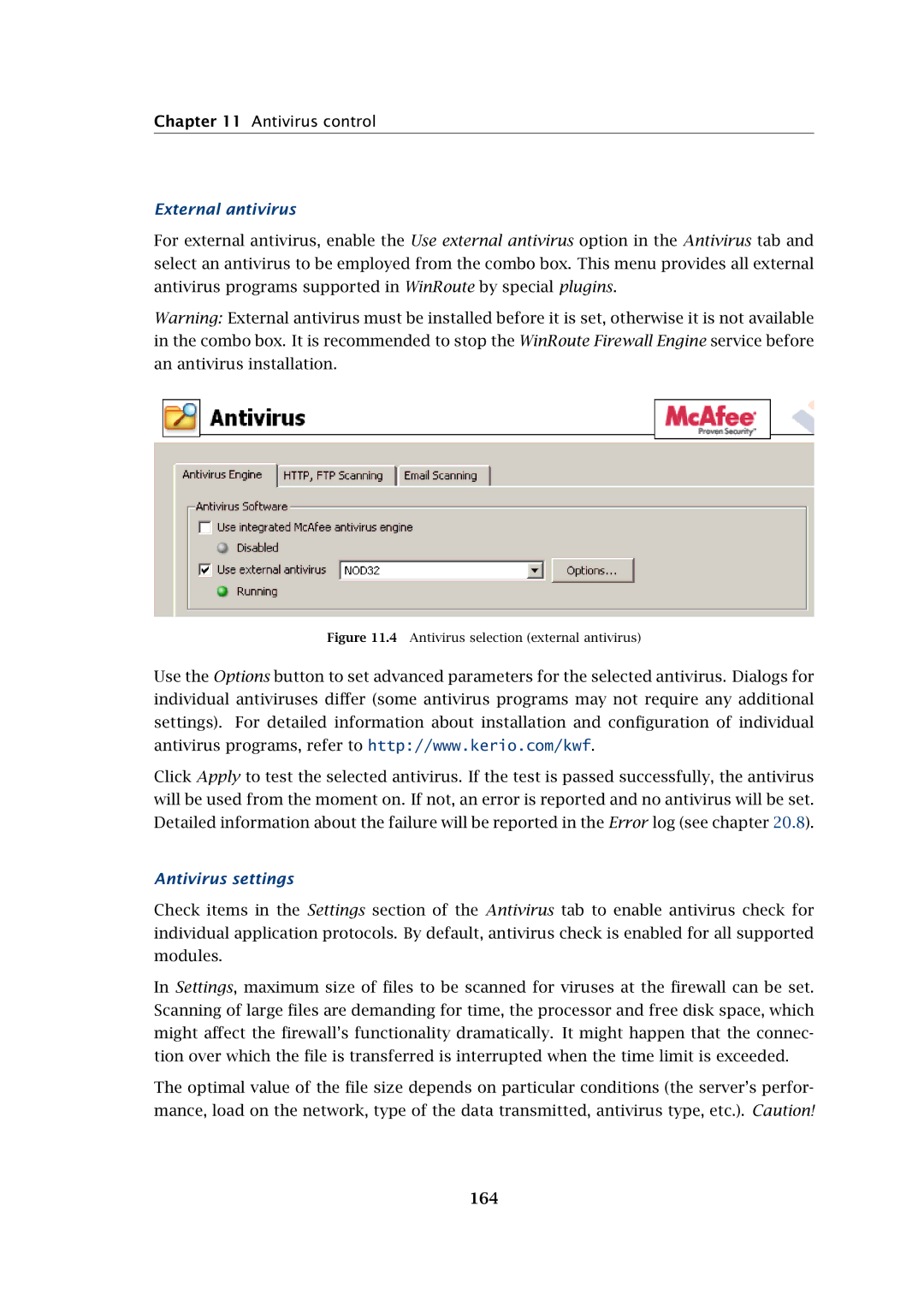Kerio Tech Firewall6 manual External antivirus, Antivirus settings, 164 