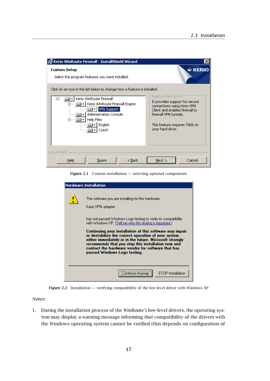 Kerio Tech Firewall6 manual Custom installation selecting optional components 