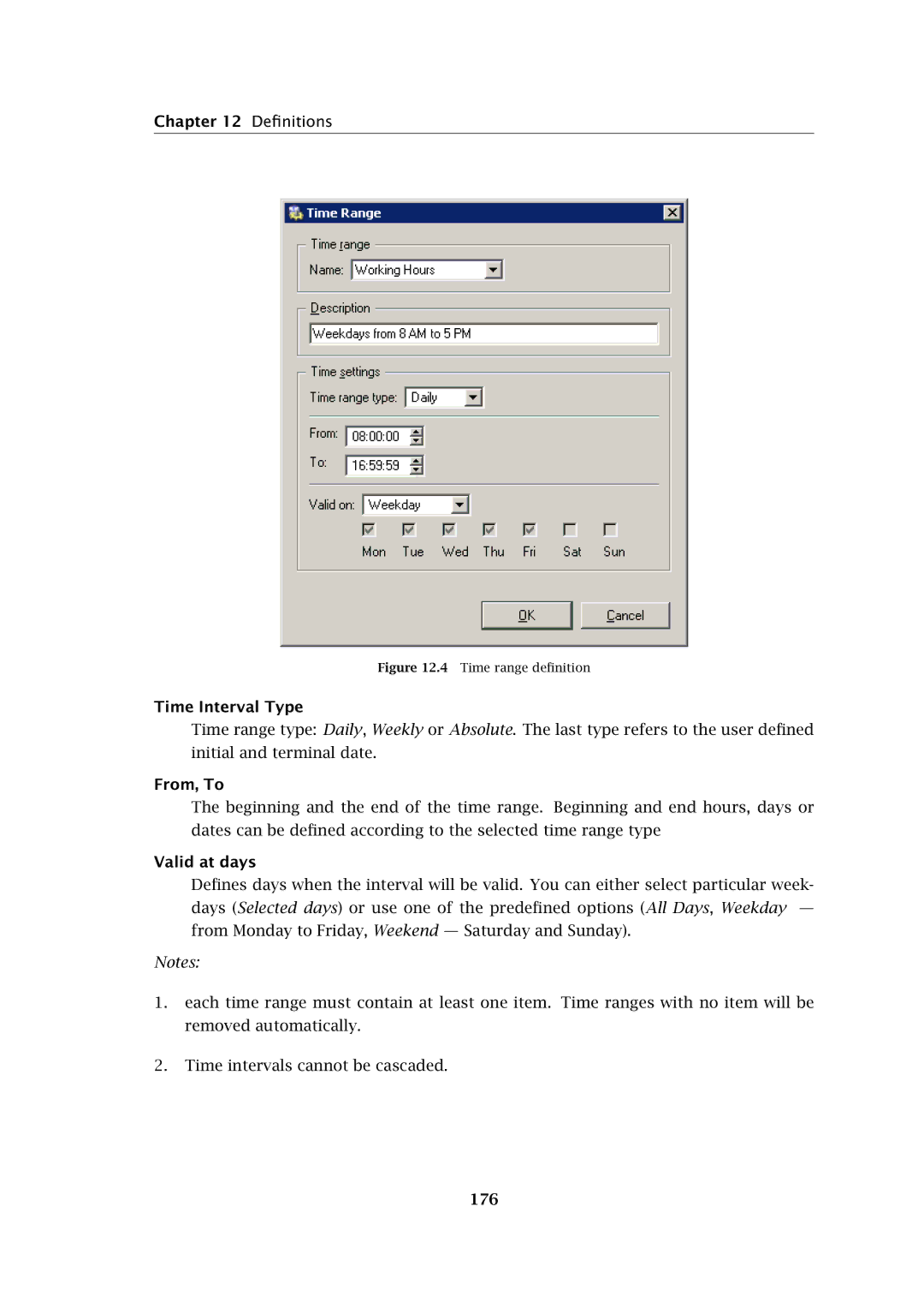 Kerio Tech Firewall6 manual Time Interval Type, From, To, Valid at days, 176 