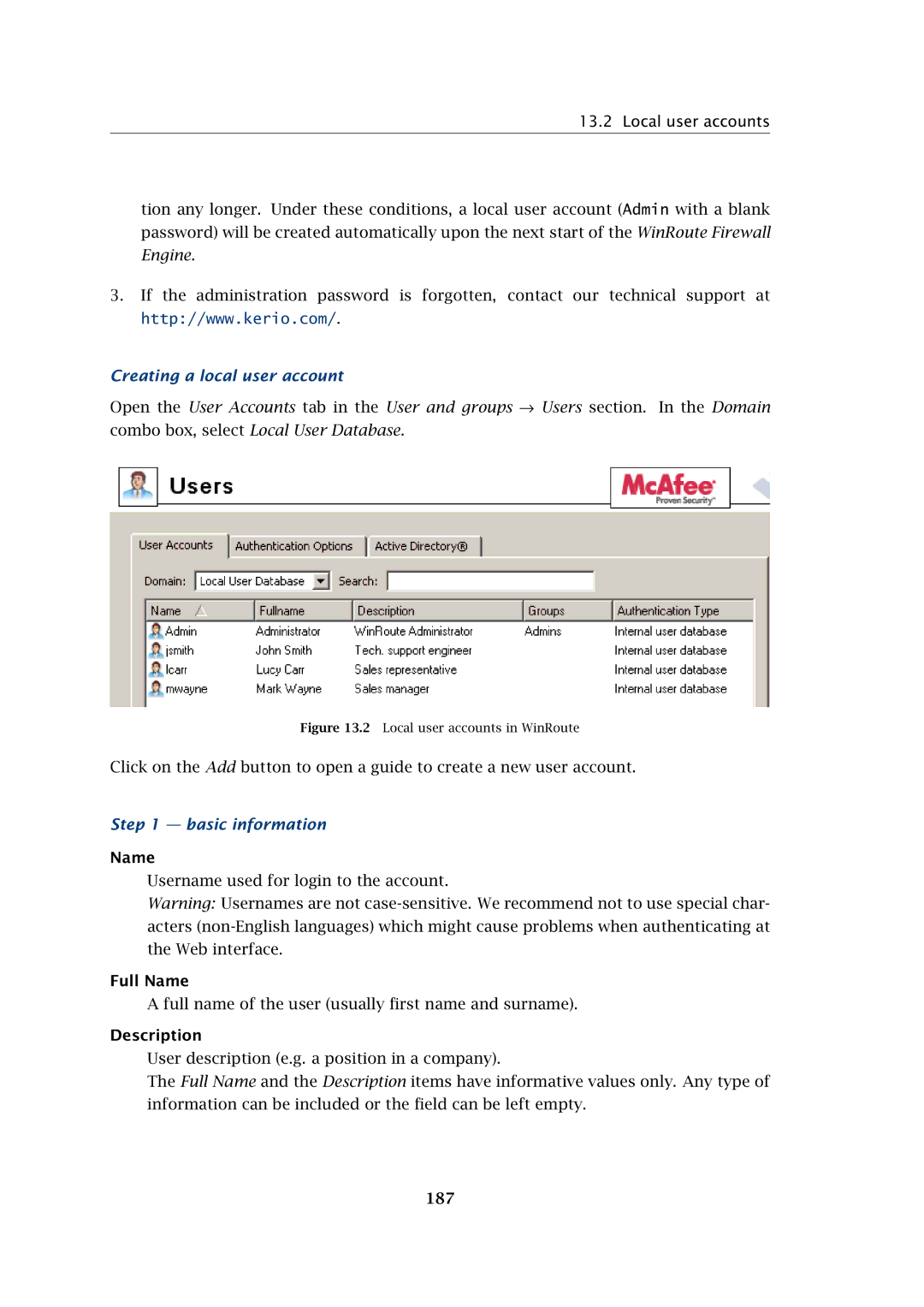 Kerio Tech Firewall6 manual Local user accounts, Creating a local user account, Basic information, Full Name, 187 