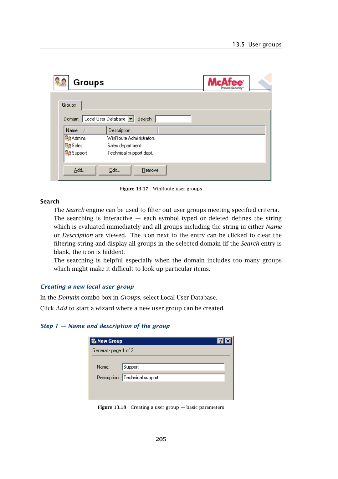 Kerio Tech Firewall6 manual User groups, Creating a new local user group, Name and description of the group, 205 