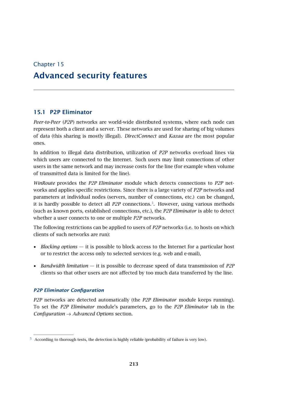 Kerio Tech Firewall6 manual Advanced security features, 15.1 P2P Eliminator, P2P Eliminator Conﬁguration, 213 