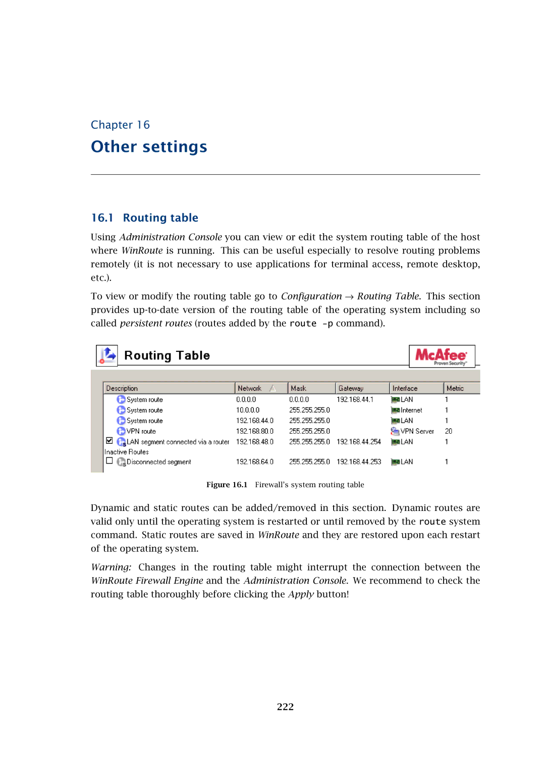 Kerio Tech Firewall6 manual Other settings, Routing table 