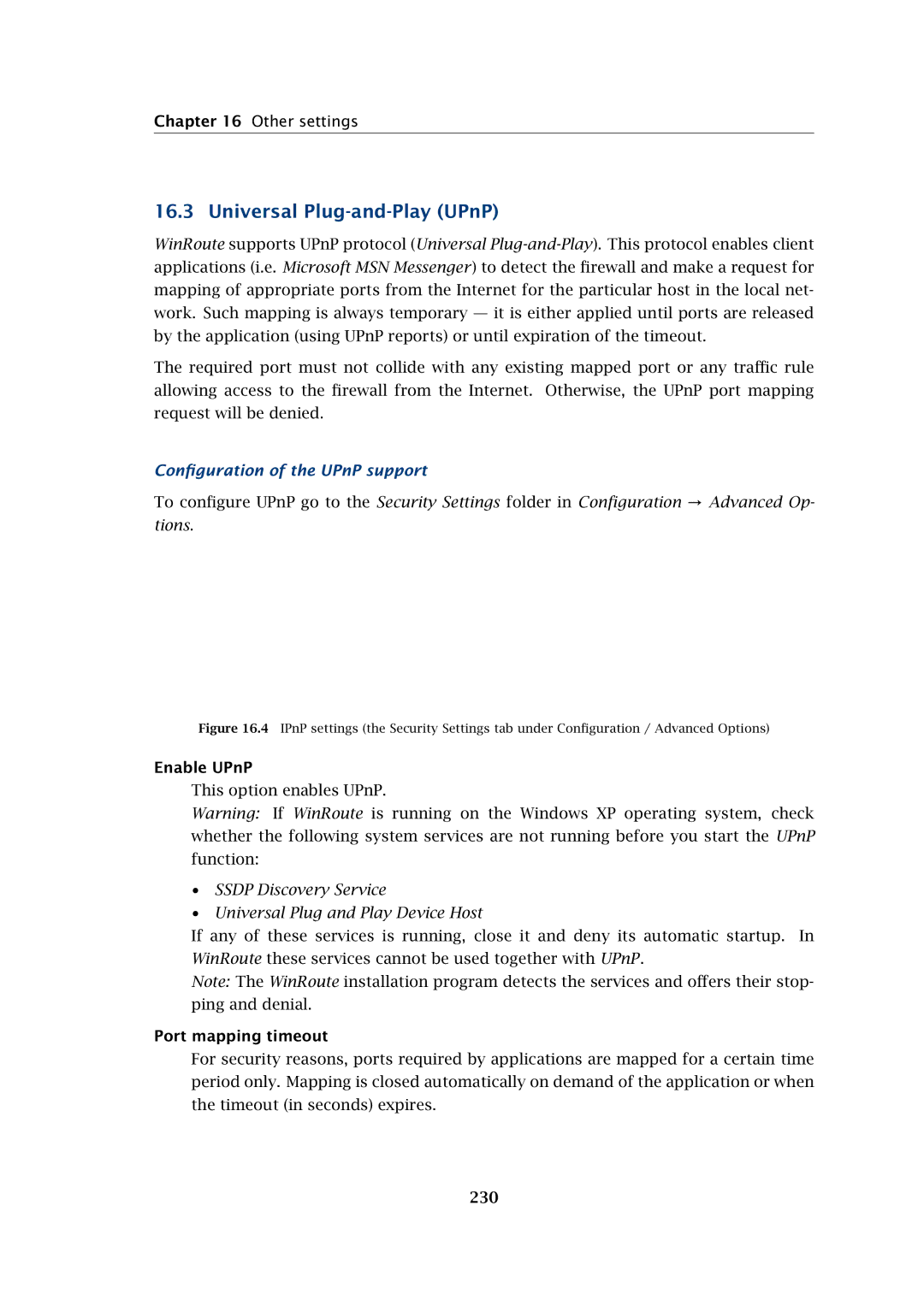 Kerio Tech Firewall6 Universal Plug-and-Play UPnP, Conﬁguration of the UPnP support, Enable UPnP, Port mapping timeout 