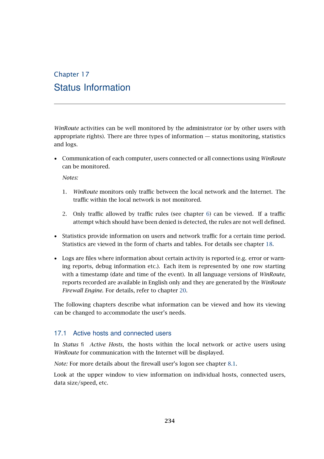 Kerio Tech Firewall6 manual Status Information, Active hosts and connected users, 234 