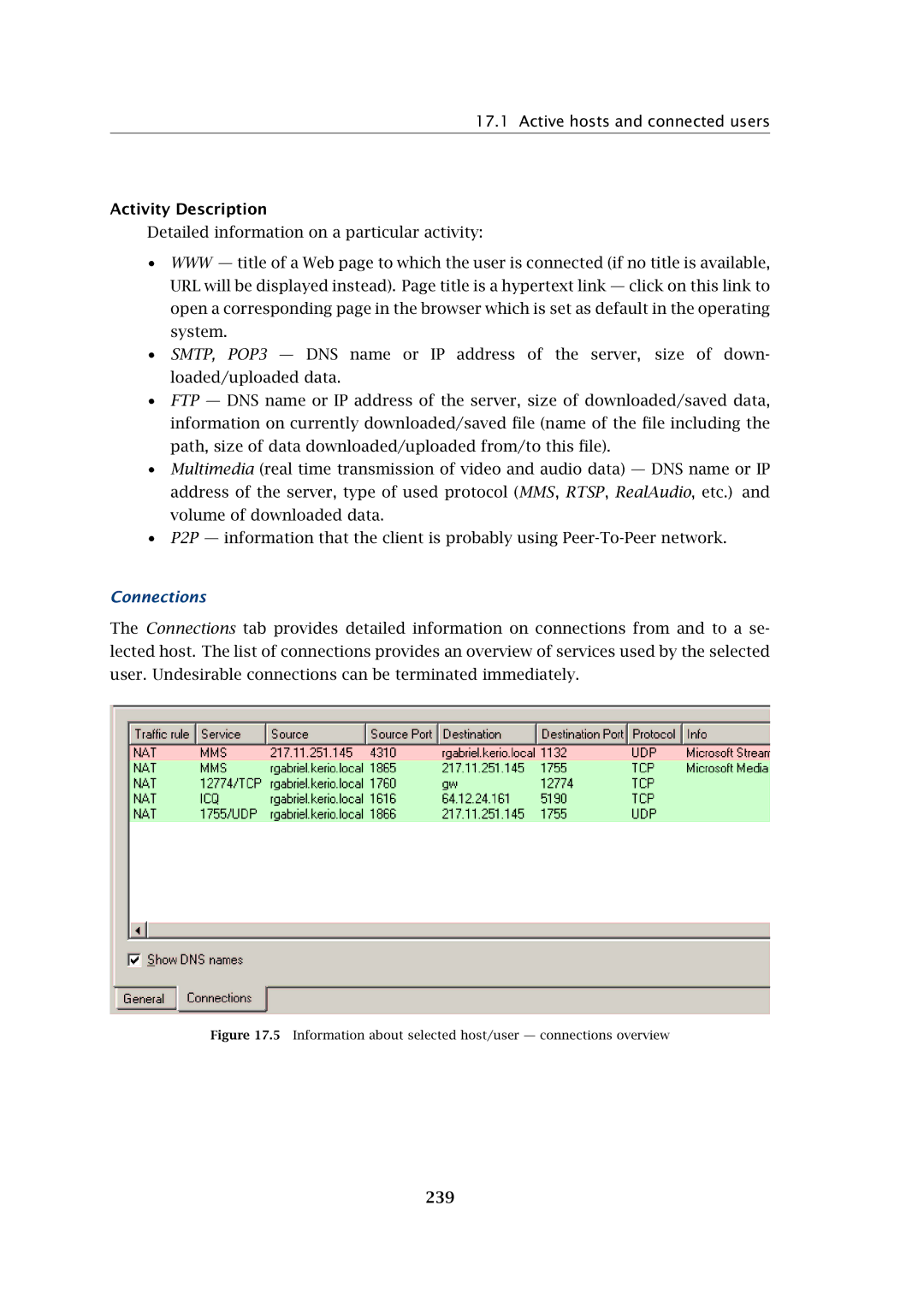 Kerio Tech Firewall6 manual Activity Description, Connections, 239 