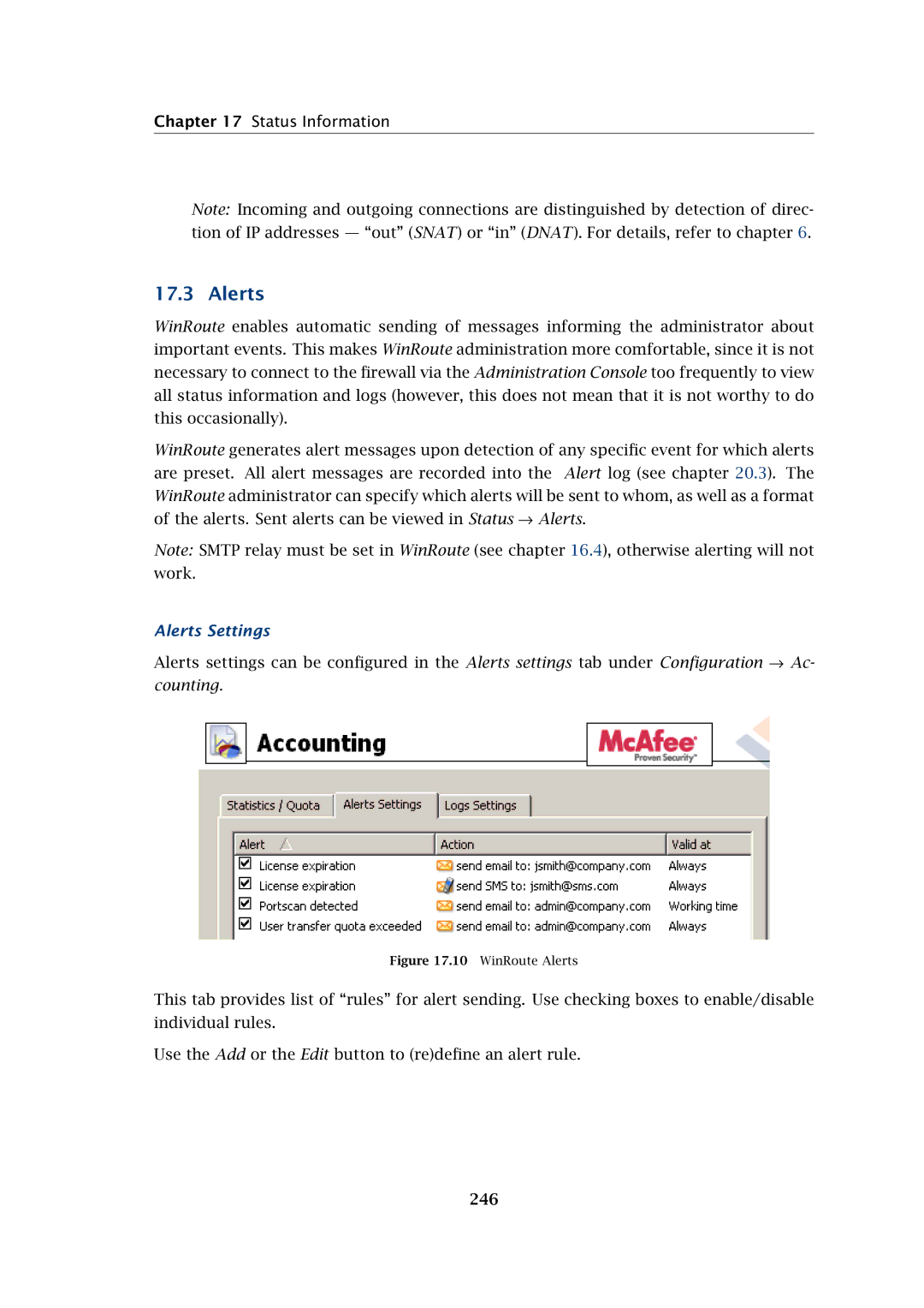 Kerio Tech Firewall6 manual Alerts Settings, 246 