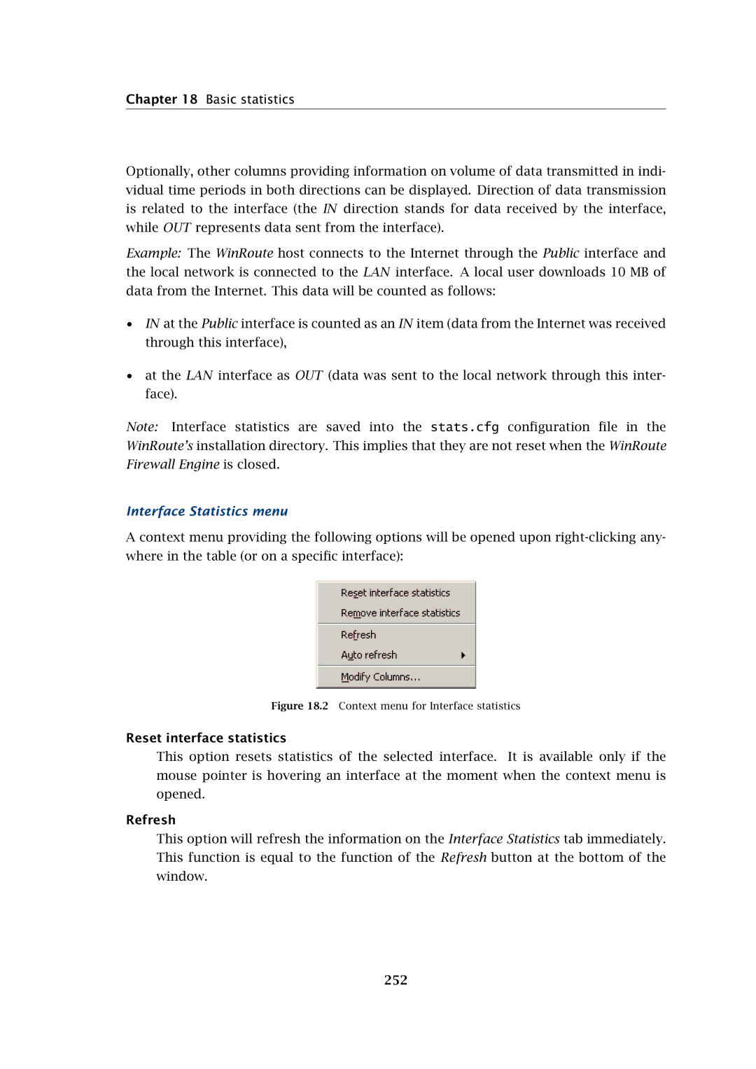 Kerio Tech Firewall6 manual Basic statistics, Interface Statistics menu, Reset interface statistics, 252 