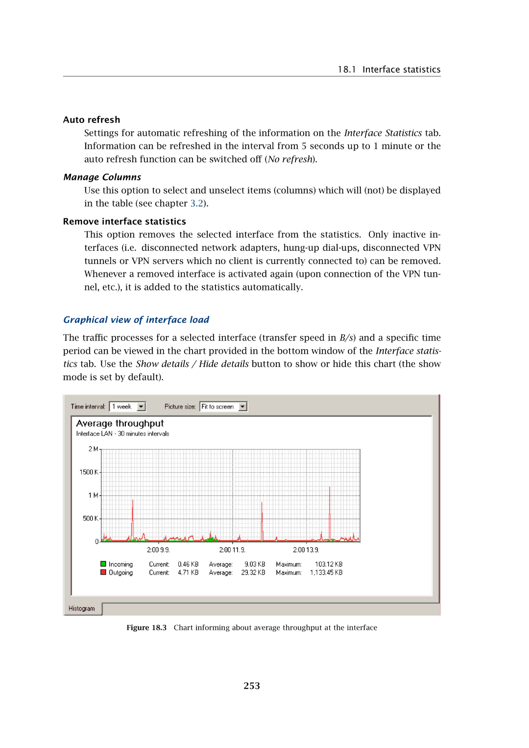 Kerio Tech Firewall6 manual Interface statistics, Remove interface statistics, Graphical view of interface load, 253 