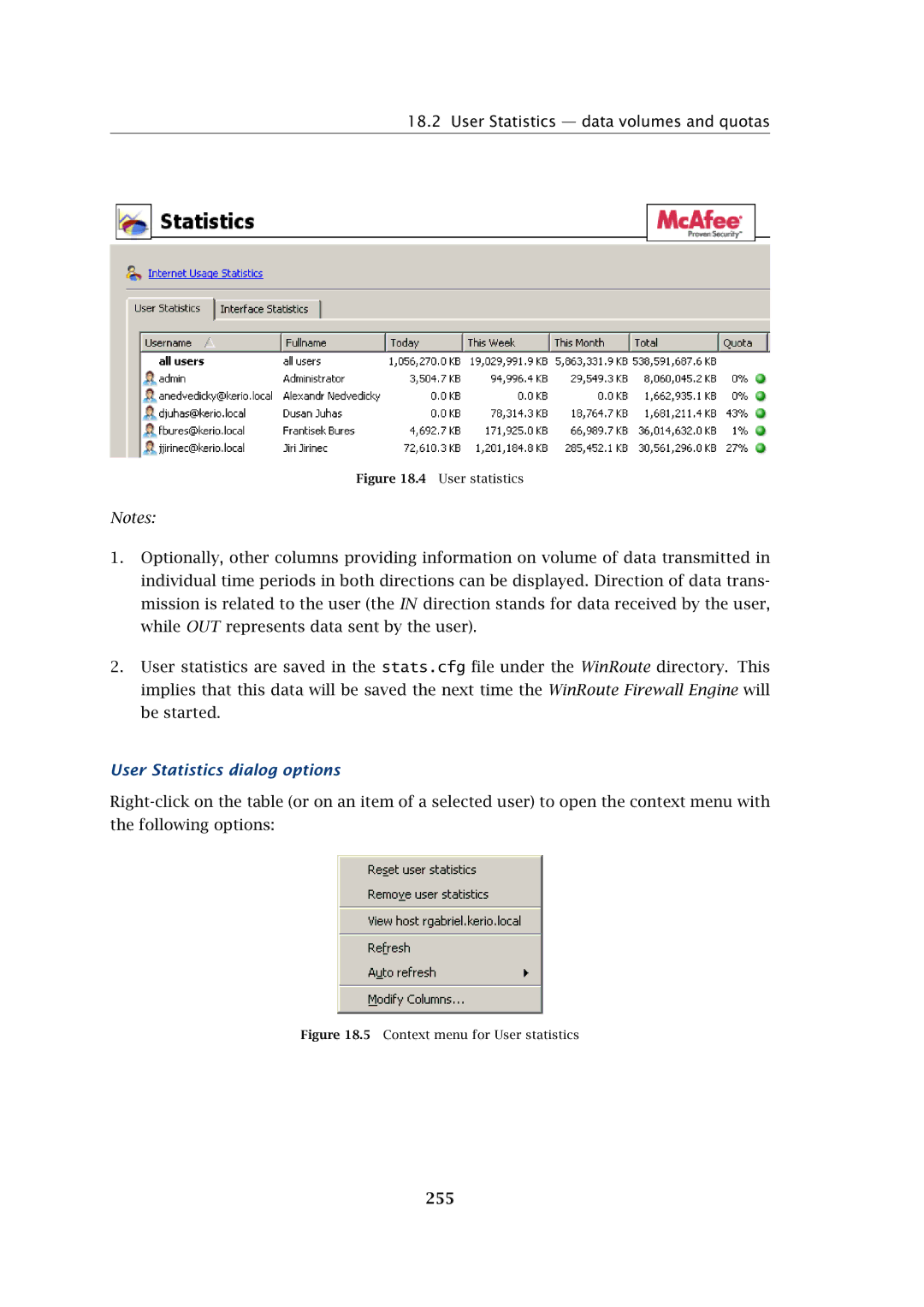 Kerio Tech Firewall6 manual User Statistics data volumes and quotas, User Statistics dialog options, 255 