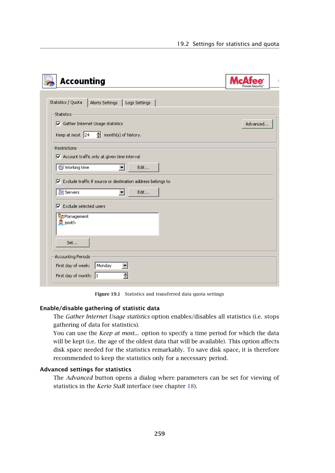 Kerio Tech Firewall6 manual Settings for statistics and quota, Enable/disable gathering of statistic data, 259 