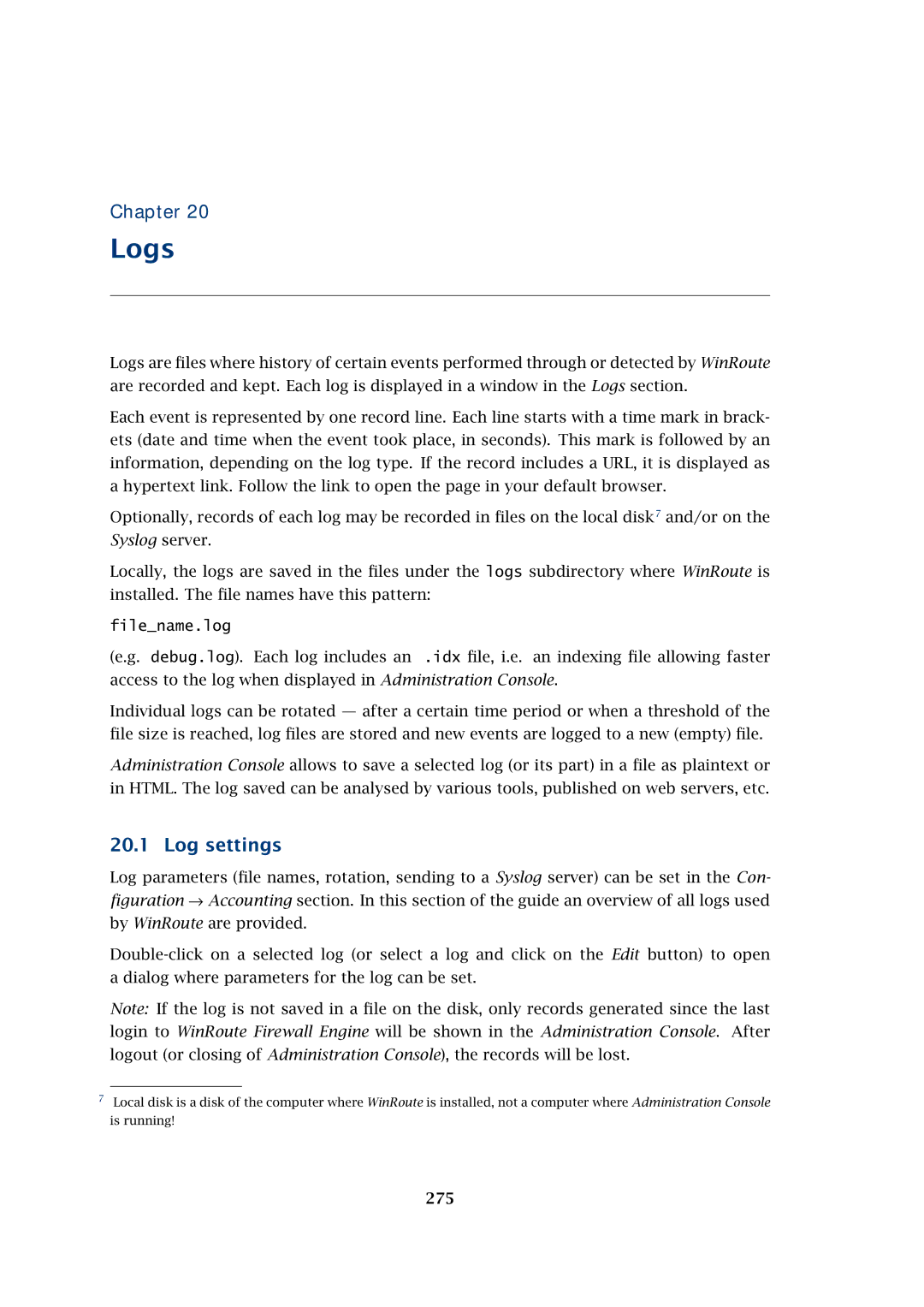 Kerio Tech Firewall6 manual Logs, Log settings, Filename.log, 275 