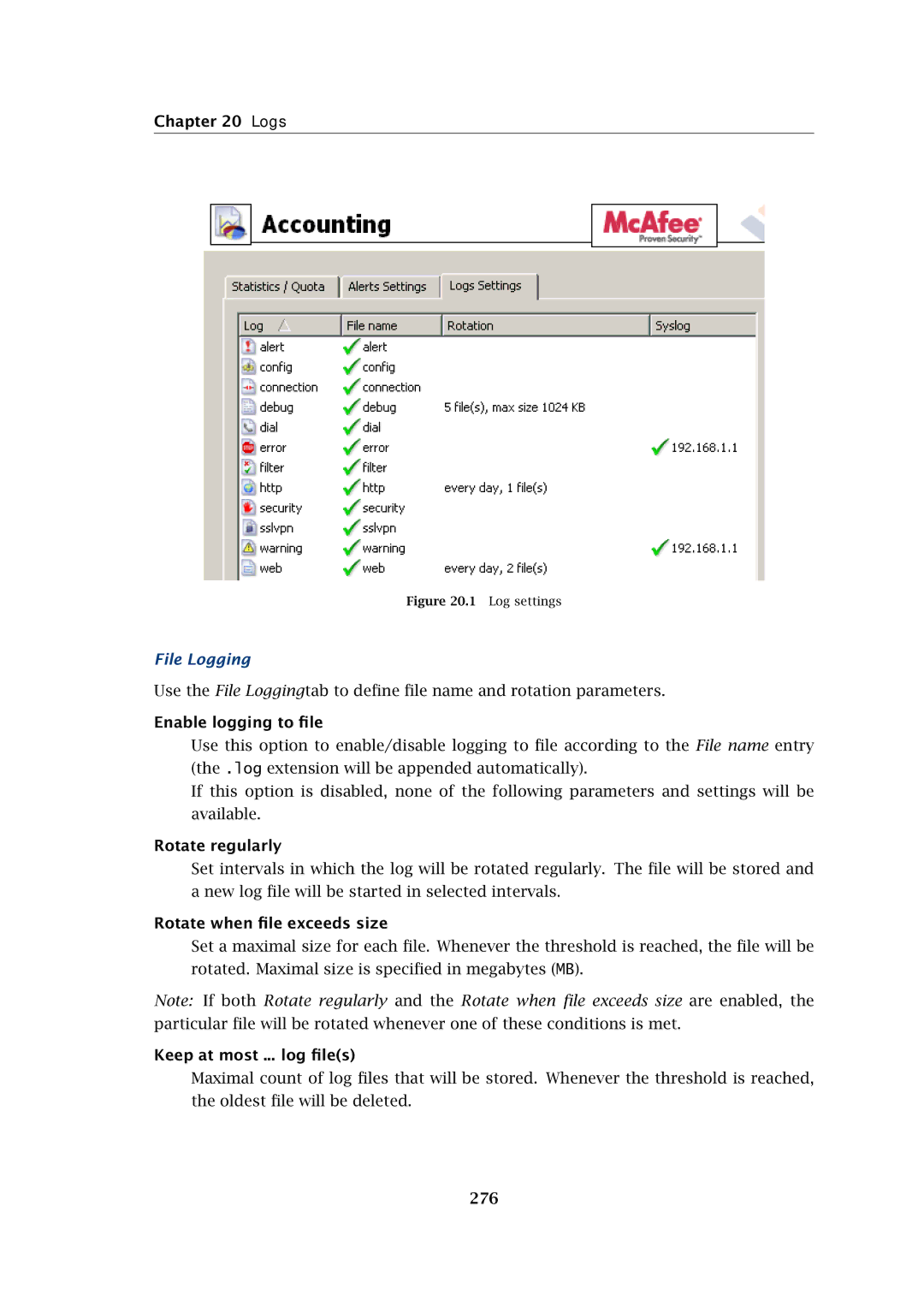 Kerio Tech Firewall6 manual File Logging, 276 