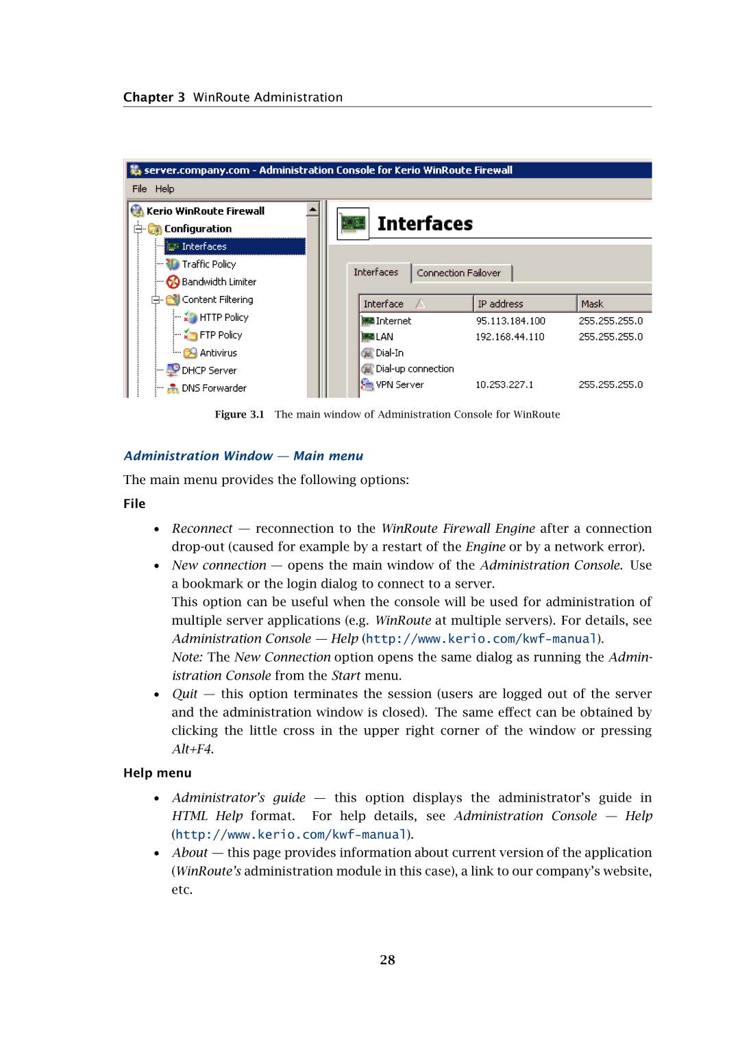 Kerio Tech Firewall6 manual WinRoute Administration, Administration Window Main menu, File, Help menu 