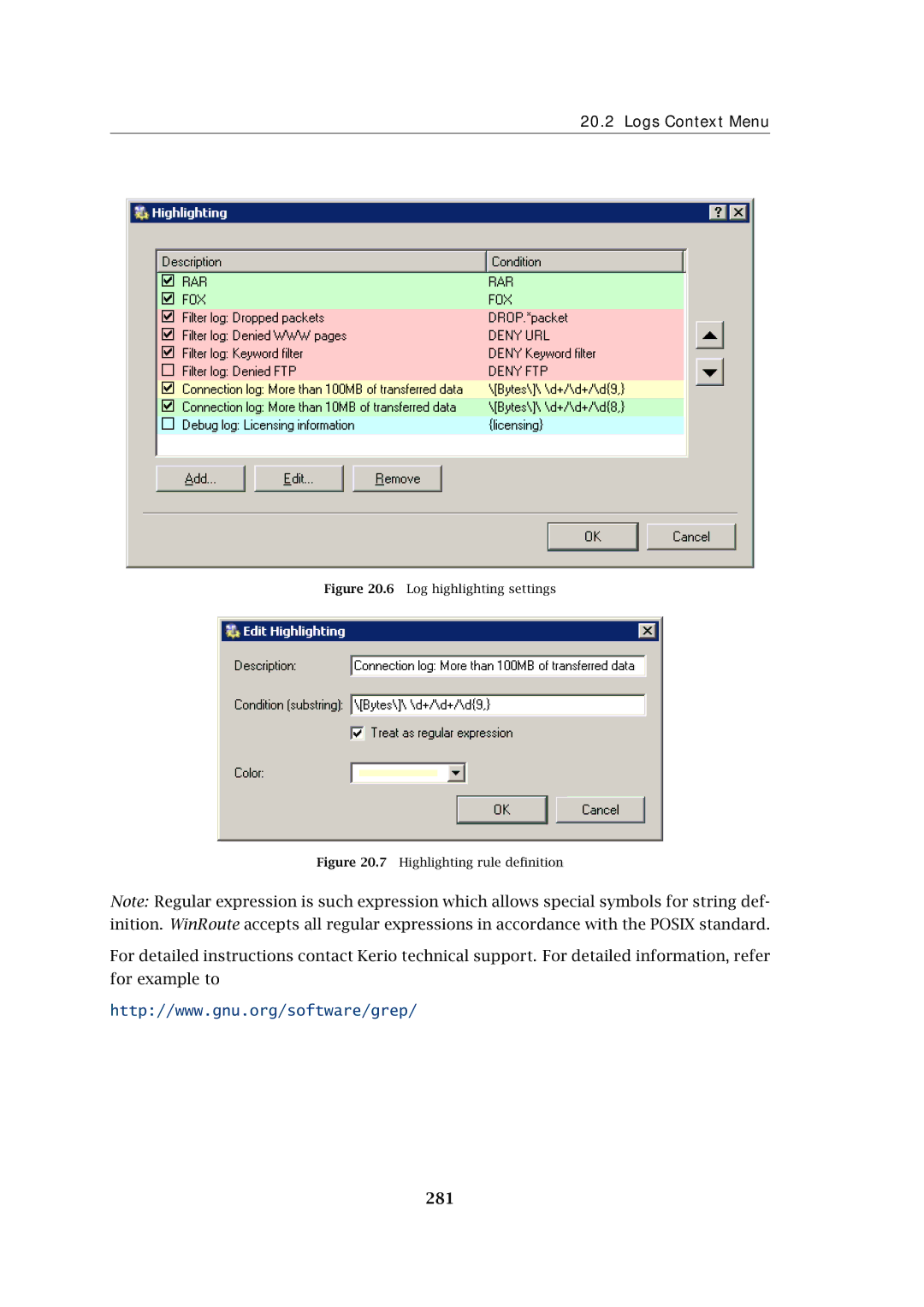 Kerio Tech Firewall6 manual Log highlighting settings 