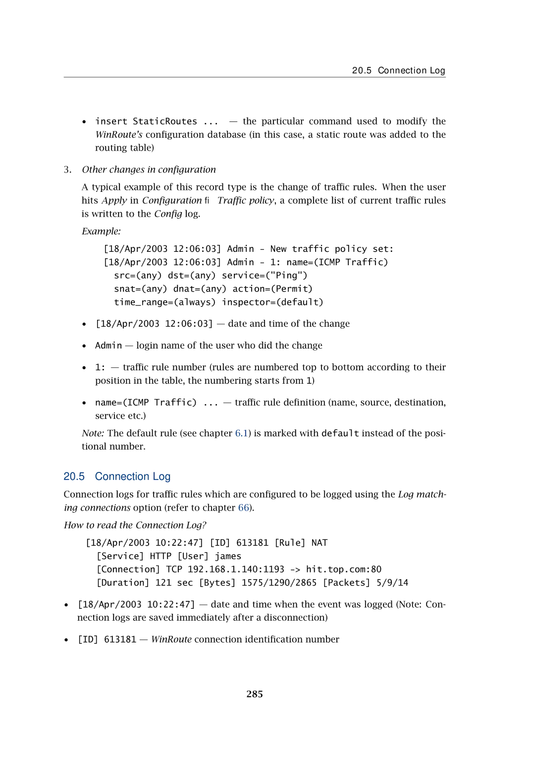 Kerio Tech Firewall6 manual Connection Log, 285 