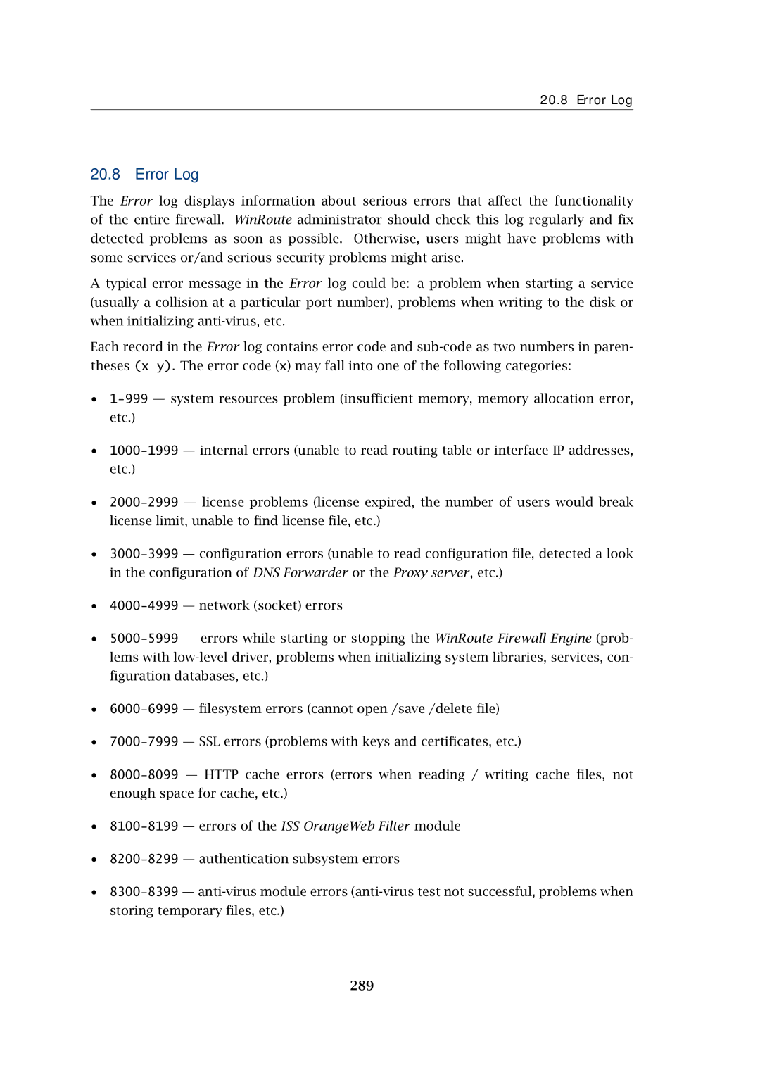 Kerio Tech Firewall6 manual Error Log, 289 