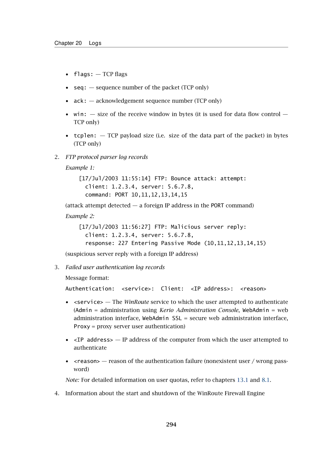 Kerio Tech Firewall6 manual Authentication service Client IP address reason, 294 