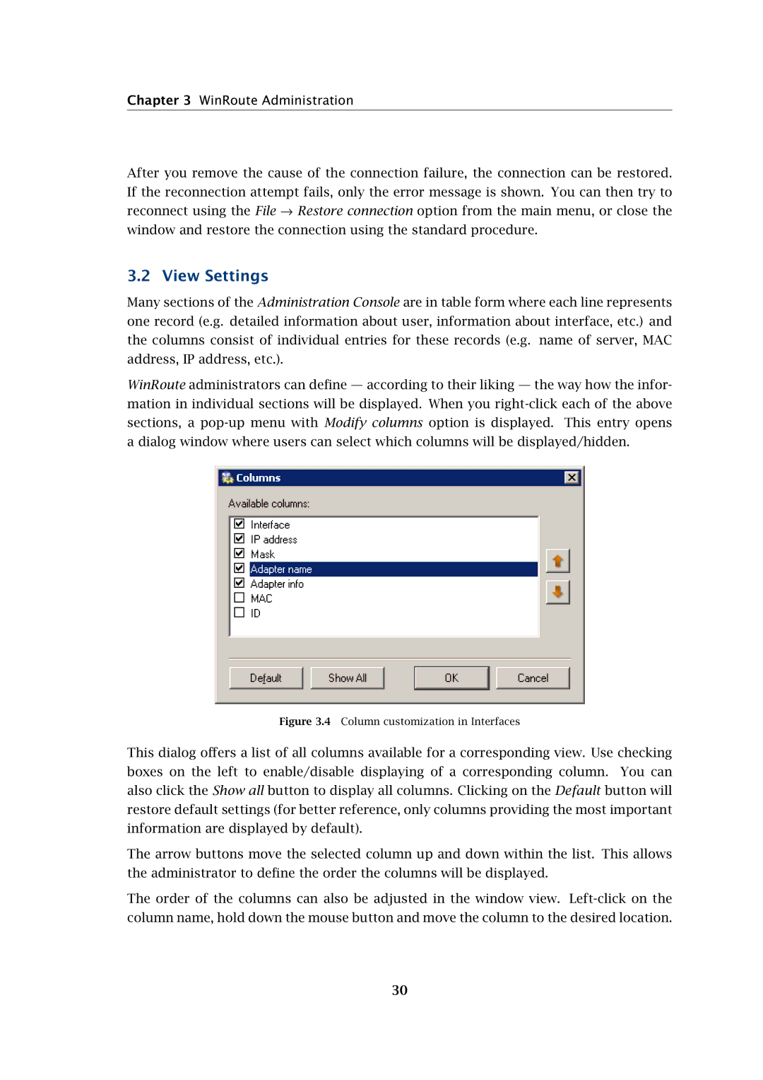 Kerio Tech Firewall6 manual View Settings, Column customization in Interfaces 