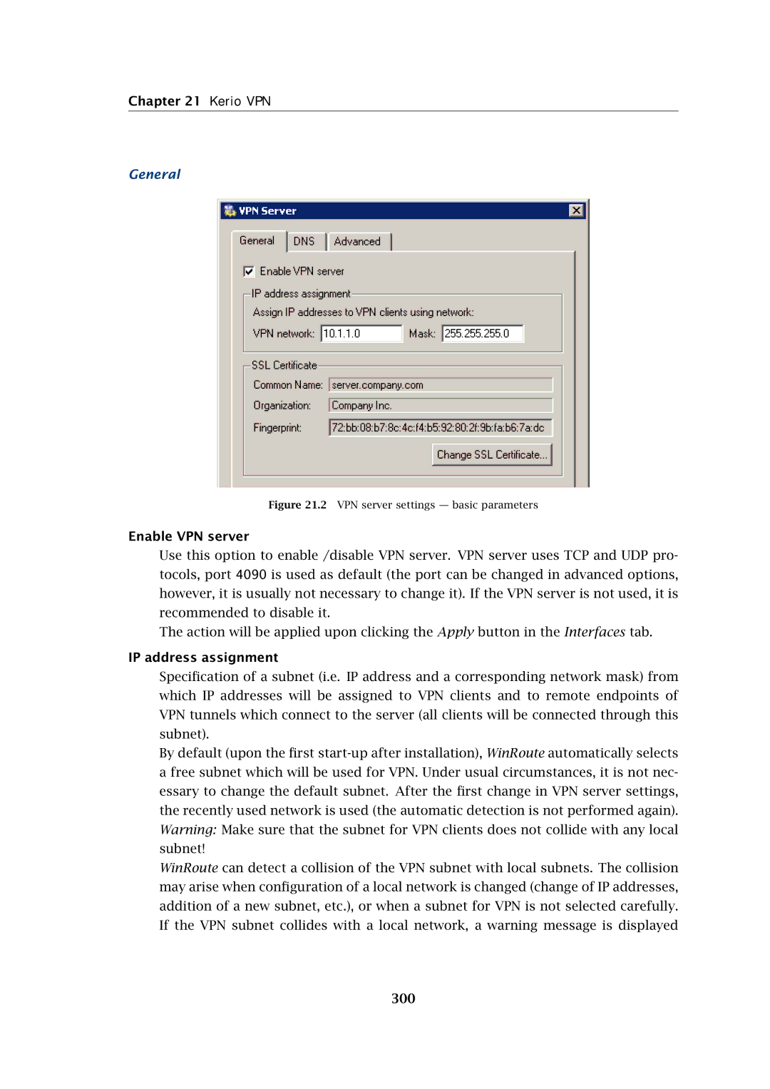 Kerio Tech Firewall6 manual Kerio VPN, General, Enable VPN server, IP address assignment, 300 