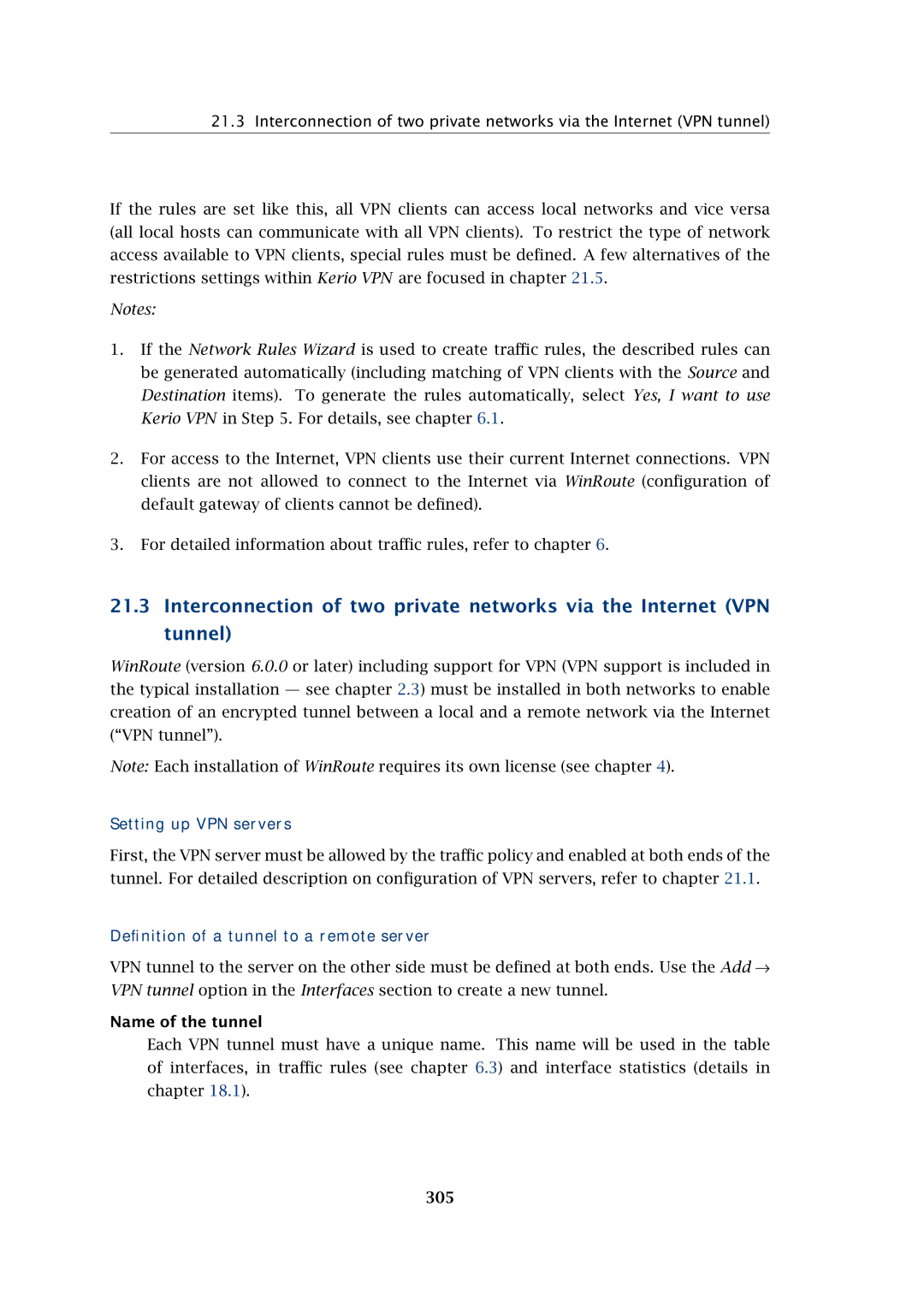 Kerio Tech Firewall6 manual Setting up VPN servers, Deﬁnition of a tunnel to a remote server, Name of the tunnel, 305 