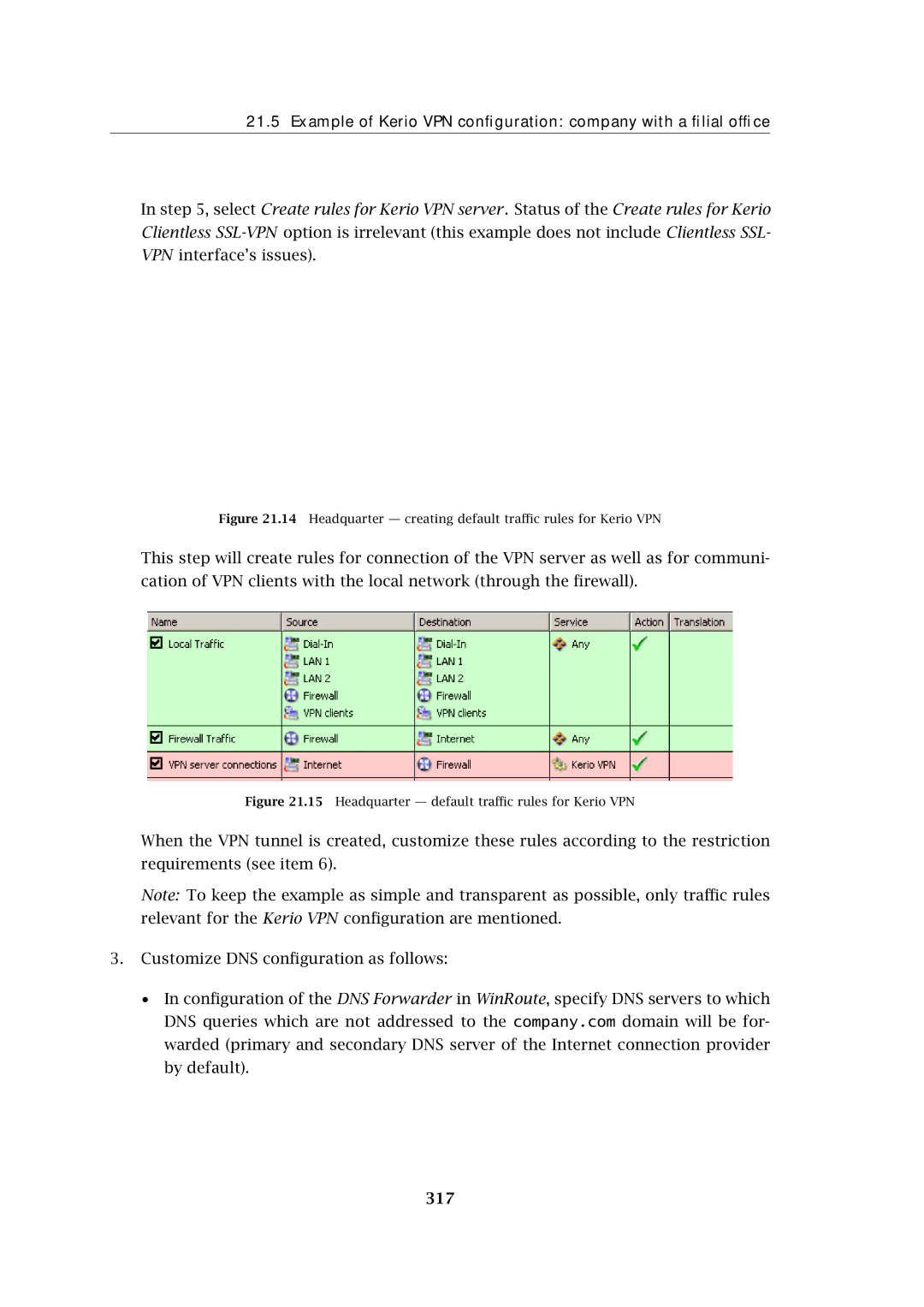 Kerio Tech Firewall6 manual 317, Headquarter creating default traﬃc rules for Kerio VPN 