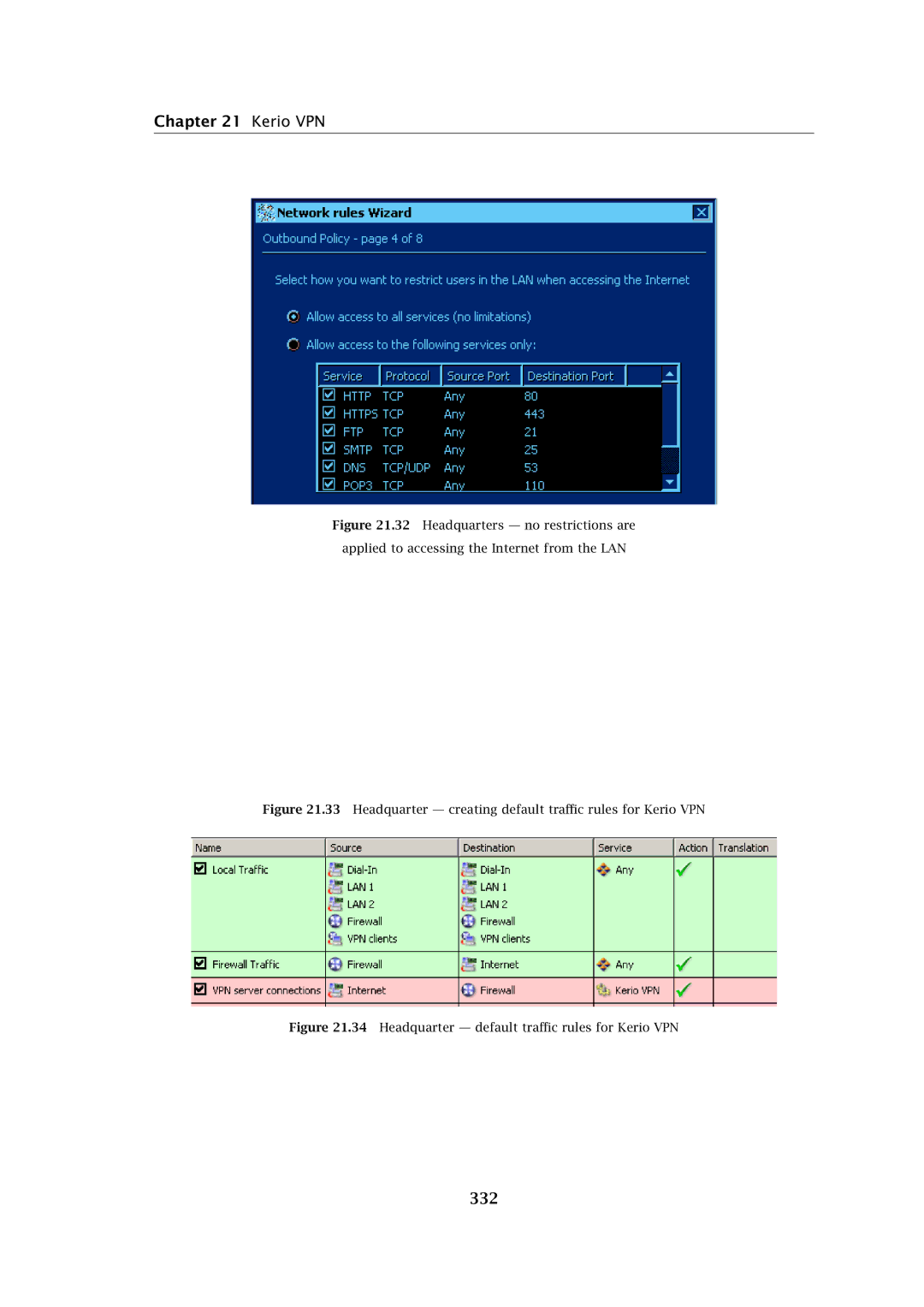 Kerio Tech Firewall6 manual 332, Headquarter creating default traﬃc rules for Kerio VPN 