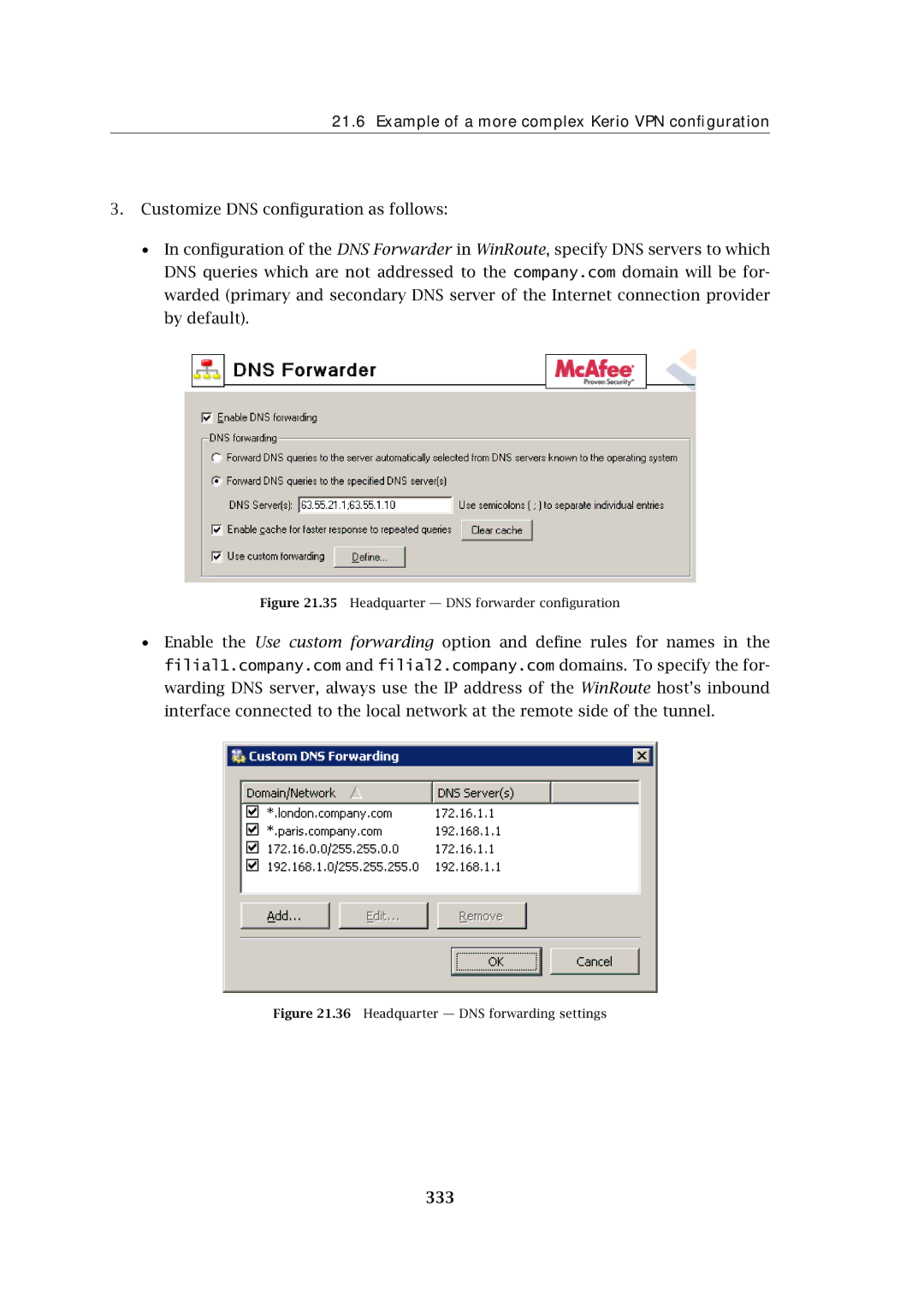 Kerio Tech Firewall6 manual 333, Headquarter DNS forwarder conﬁguration 