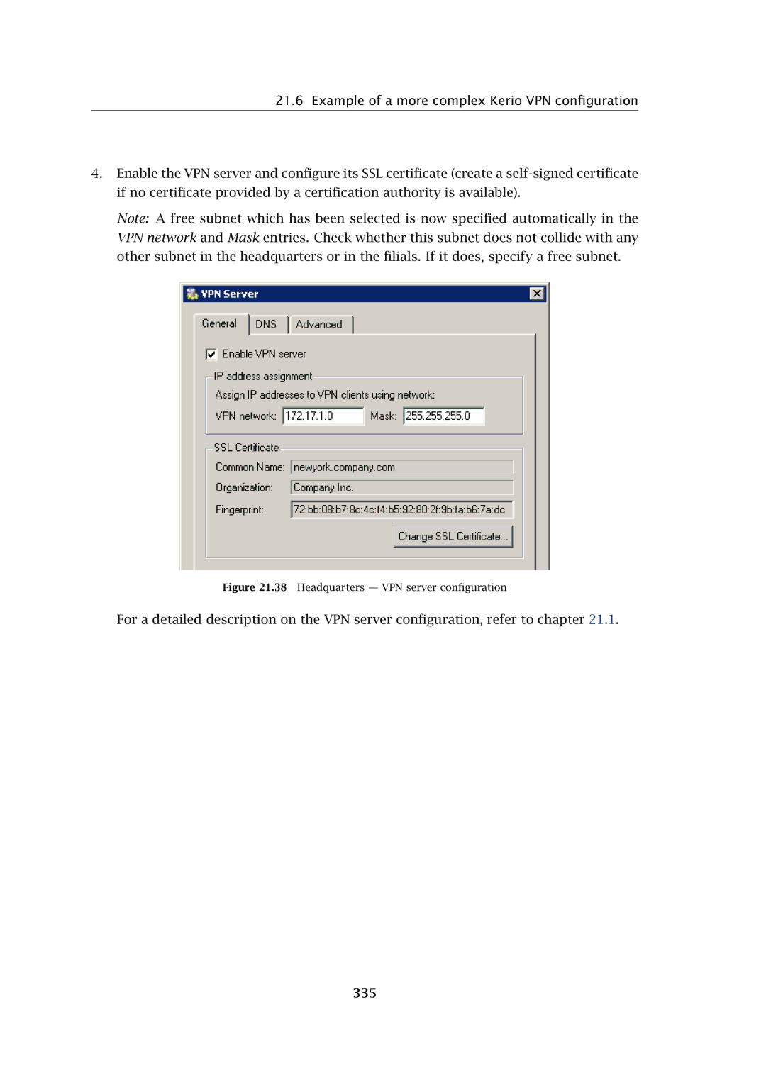 Kerio Tech Firewall6 manual 335, Headquarters VPN server conﬁguration 