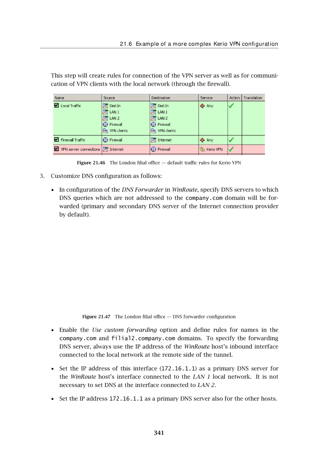 Kerio Tech Firewall6 manual 341, The London ﬁlial oﬃce default traﬃc rules for Kerio VPN 