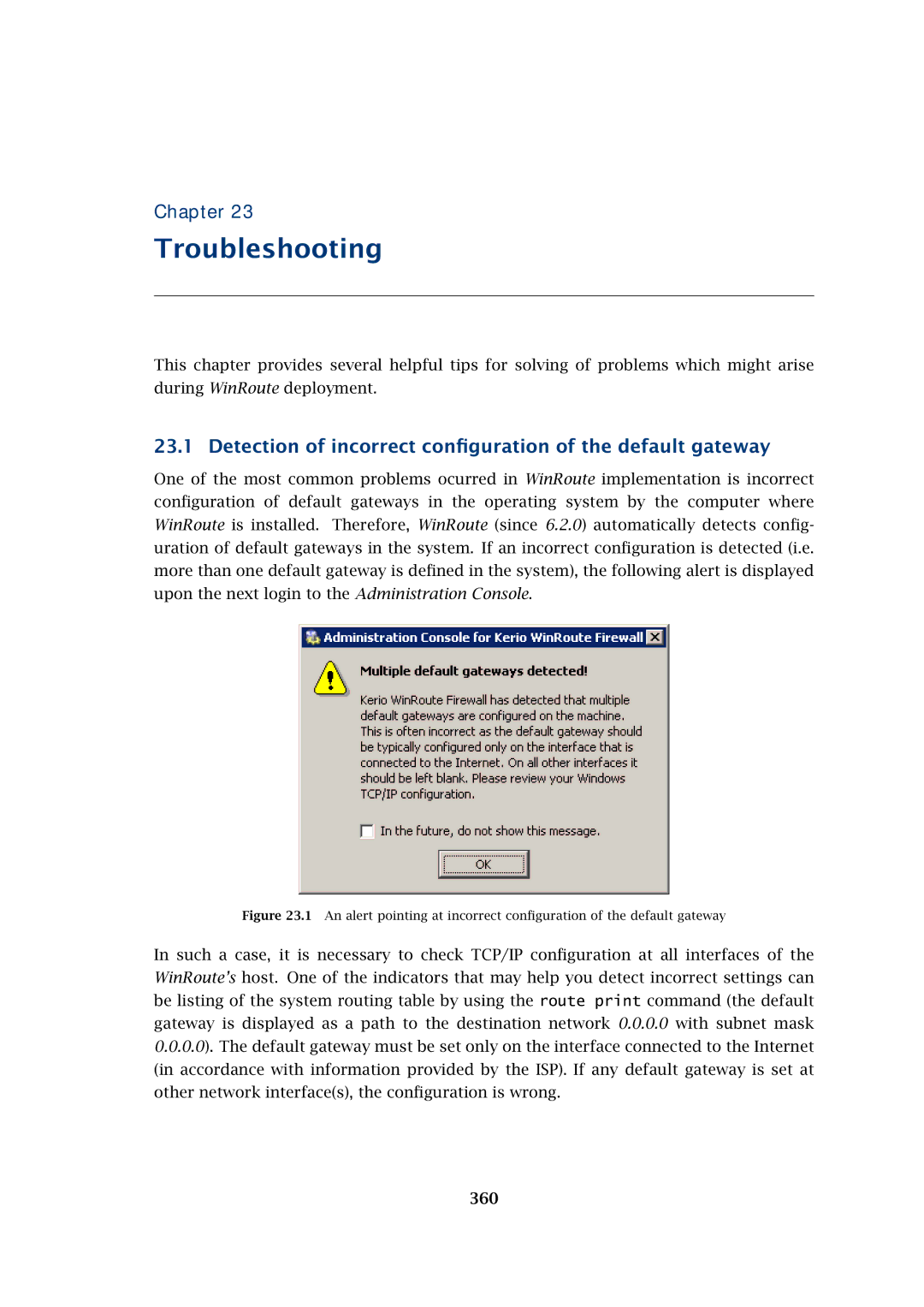 Kerio Tech Firewall6 manual Troubleshooting, Detection of incorrect conﬁguration of the default gateway, 360 