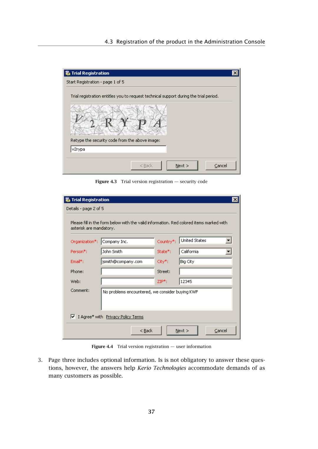 Kerio Tech Firewall6 Registration of the product in the Administration Console, Trial version registration security code 