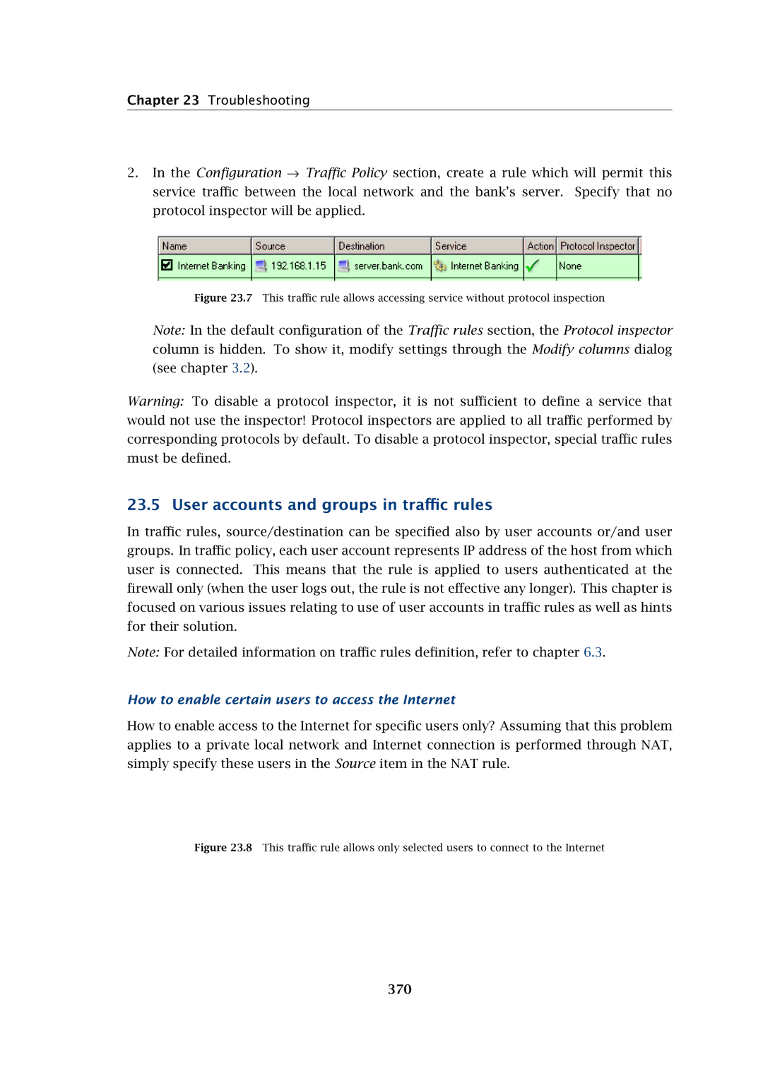 Kerio Tech Firewall6 User accounts and groups in traﬃc rules, How to enable certain users to access the Internet, 370 