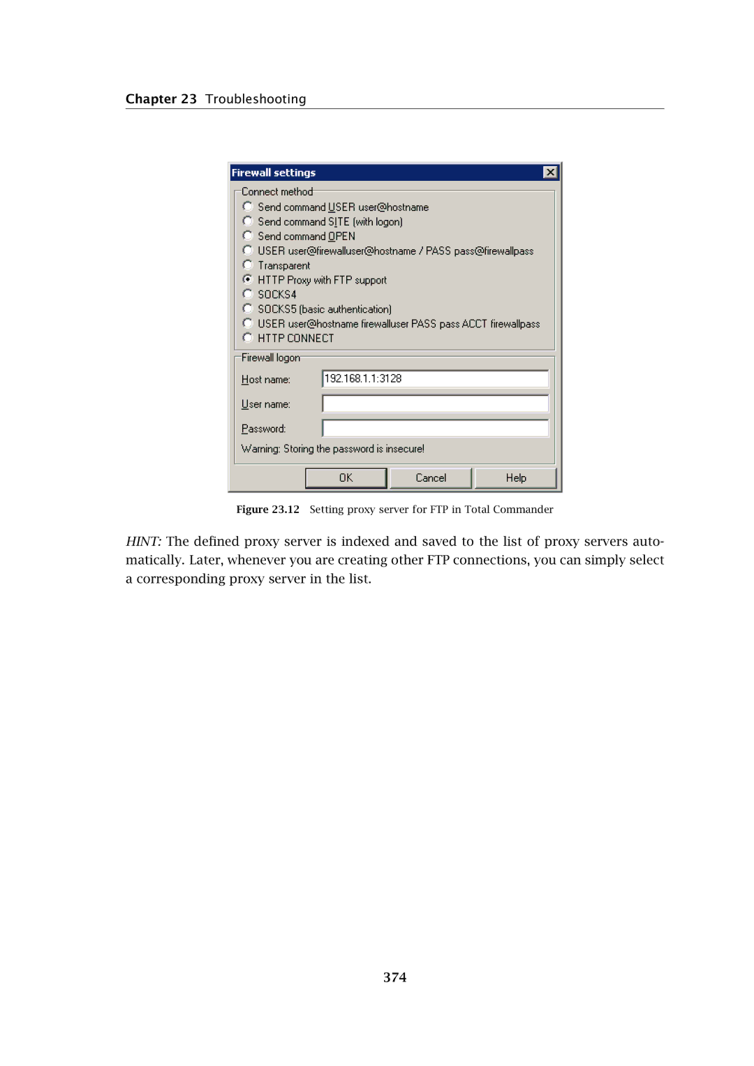 Kerio Tech Firewall6 manual 374, Setting proxy server for FTP in Total Commander 