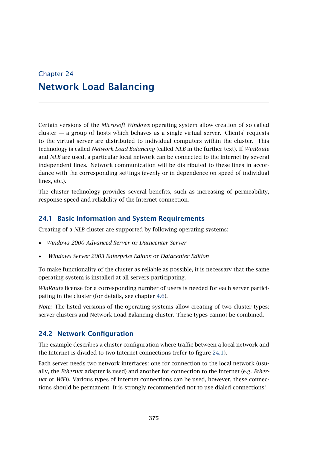 Kerio Tech Firewall6 manual Network Load Balancing, Basic Information and System Requirements, Network Conﬁguration, 375 