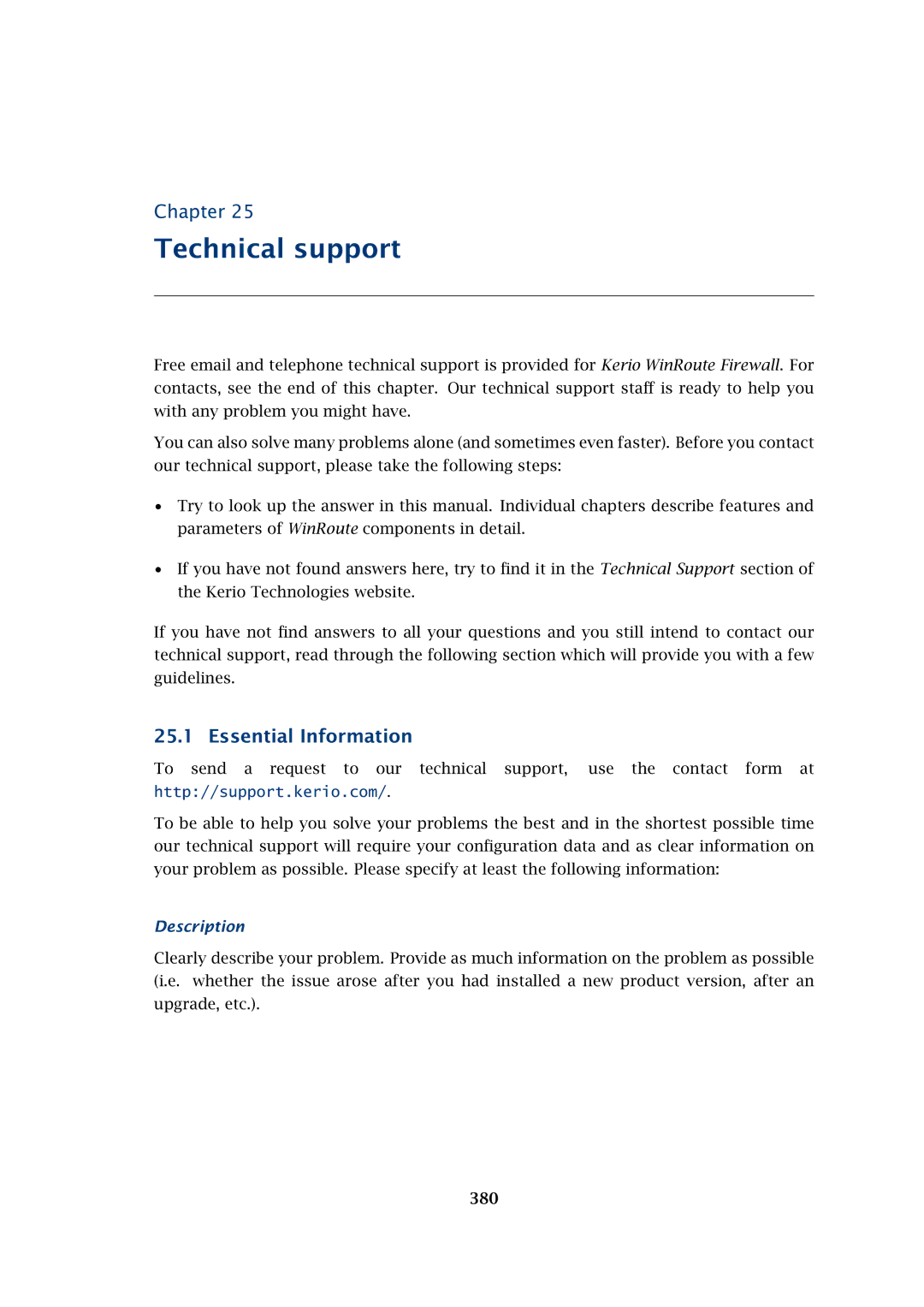 Kerio Tech Firewall6 manual Technical support, Essential Information, Description, 380 