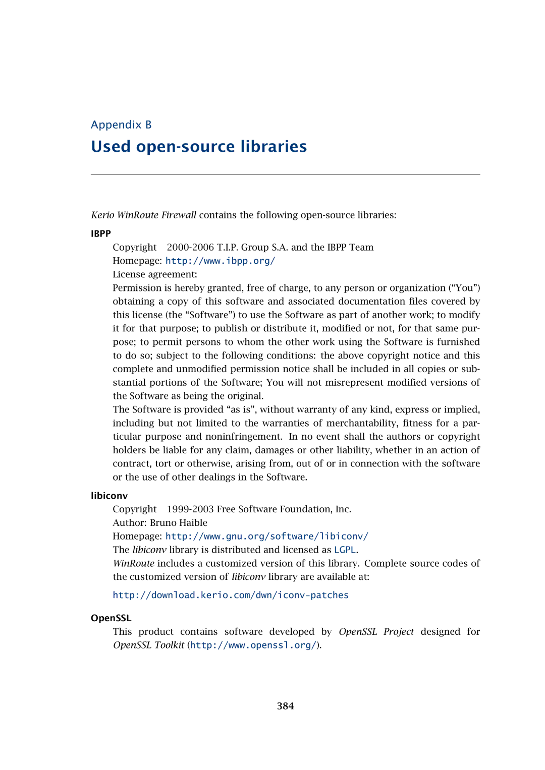 Kerio Tech Firewall6 manual Used open-source libraries, Libiconv, OpenSSL, 384 