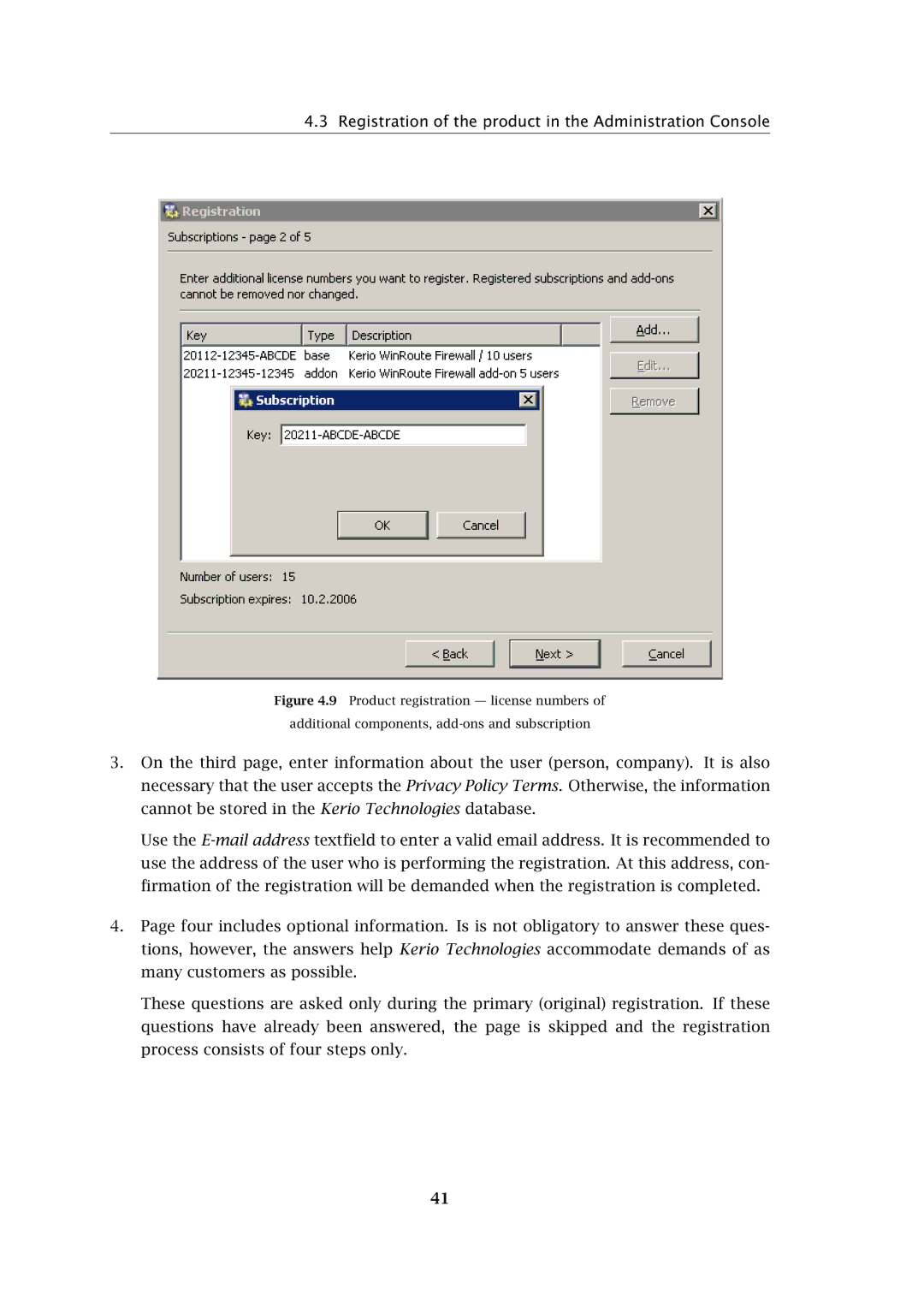 Kerio Tech Firewall6 manual Registration of the product in the Administration Console 