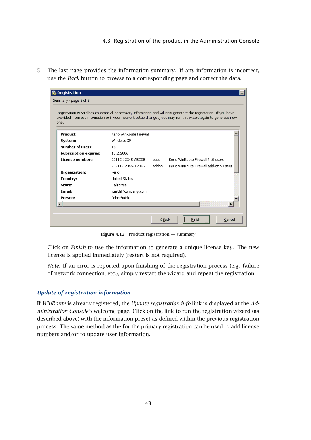 Kerio Tech Firewall6 manual Update of registration information, Product registration summary 